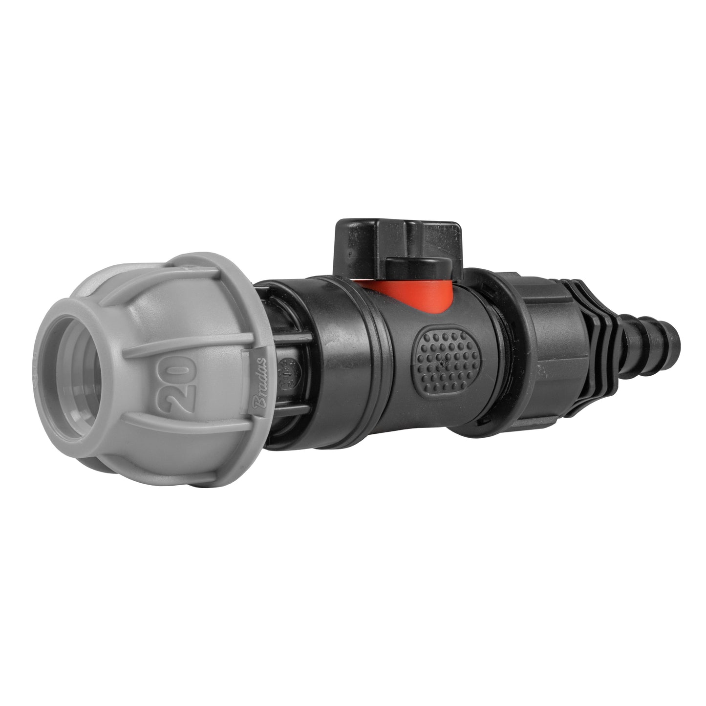 20mm MDPE Straight Connector with Integrated BSPM Valve and 16mm Barbed Fitting