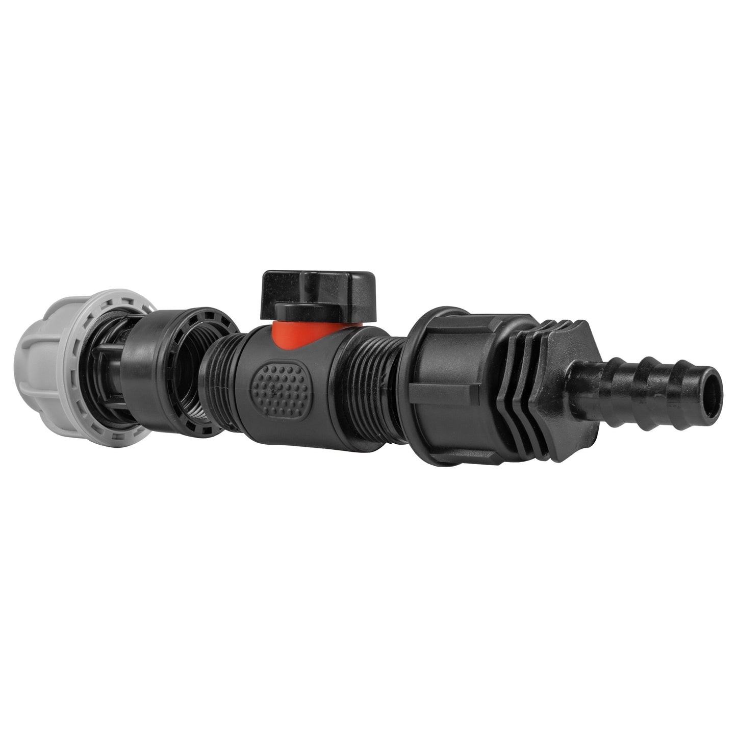 20mm MDPE Straight Connector with Integrated BSPM Valve and 16mm Barbed Fitting