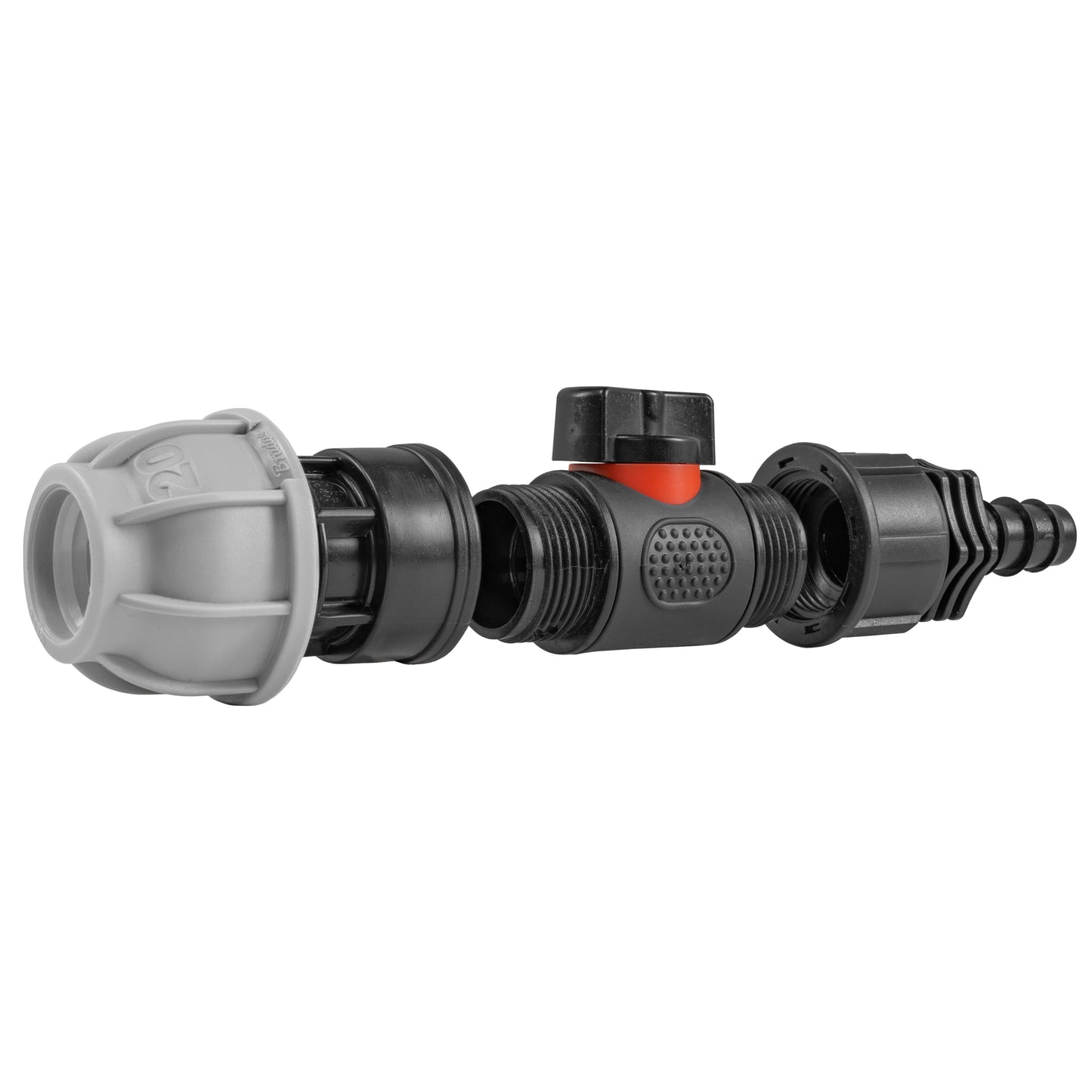 20mm MDPE Straight Connector with Integrated BSPM Valve and 16mm Barbed Fitting