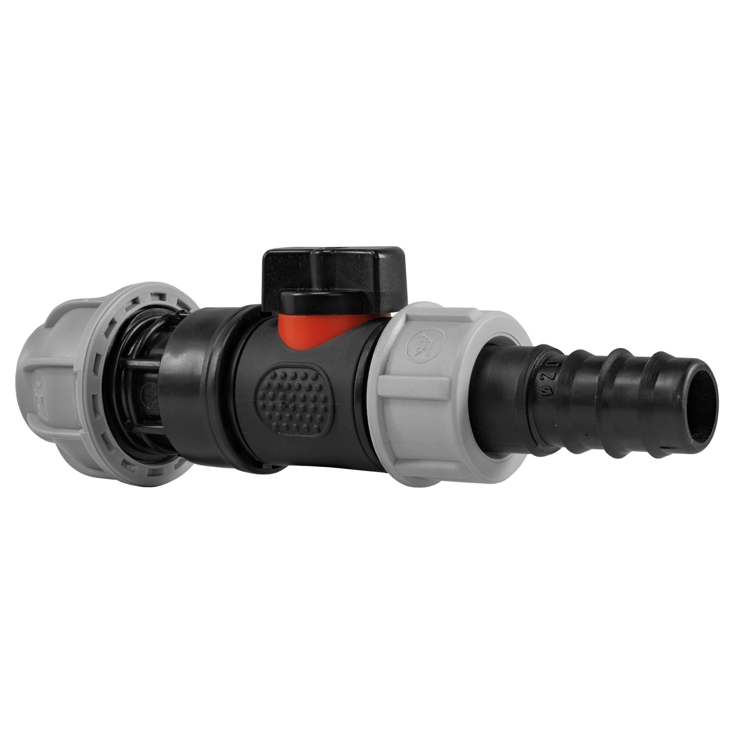 20mm MDPE Straight Connector with Integrated BSPM Valve and 20mm Barbed Fitting