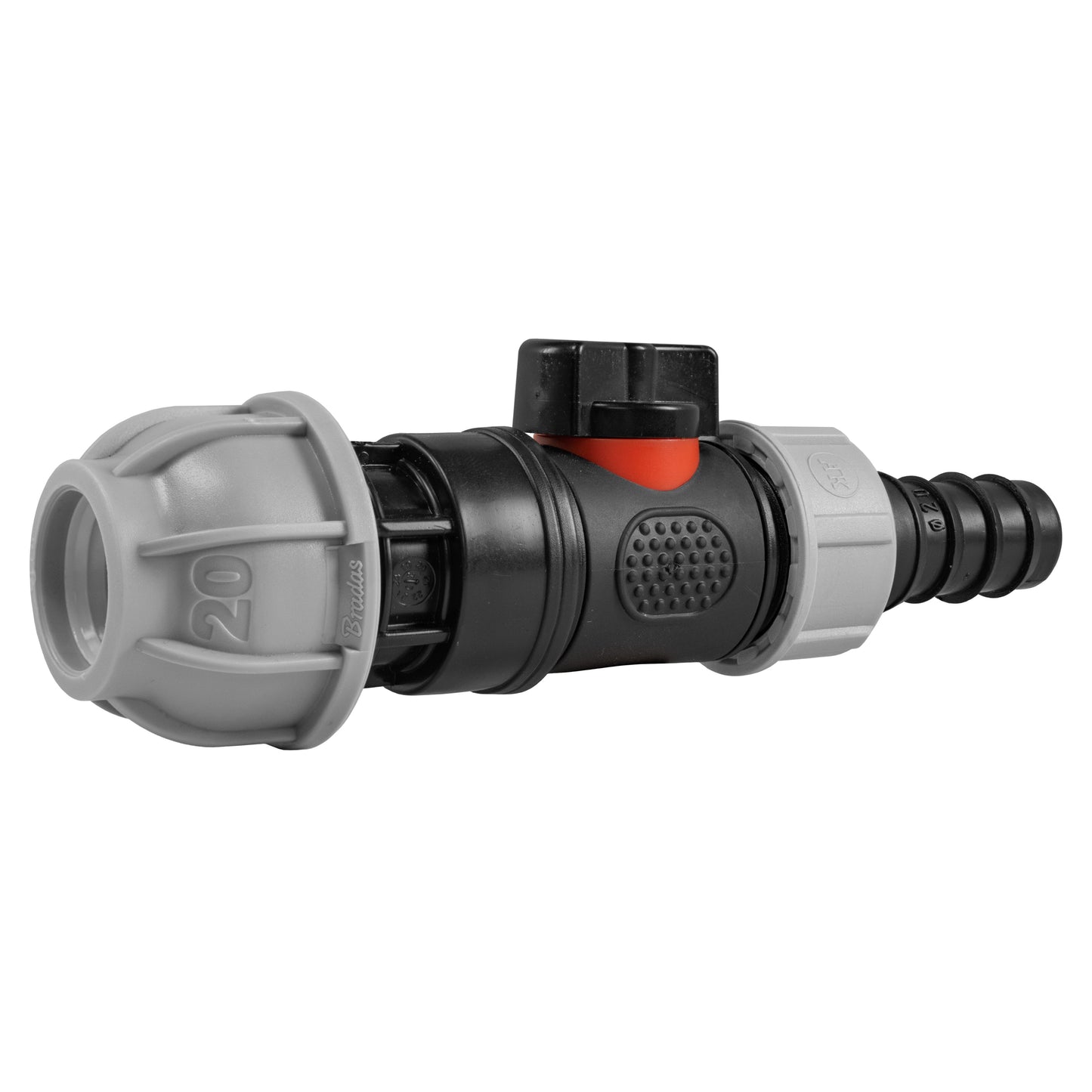 20mm MDPE Straight Connector with Integrated BSPM Valve and 20mm Barbed Fitting