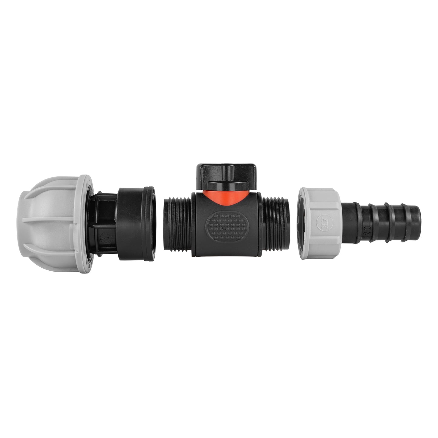 20mm MDPE Straight Connector with Integrated BSPM Valve and 20mm Barbed Fitting
