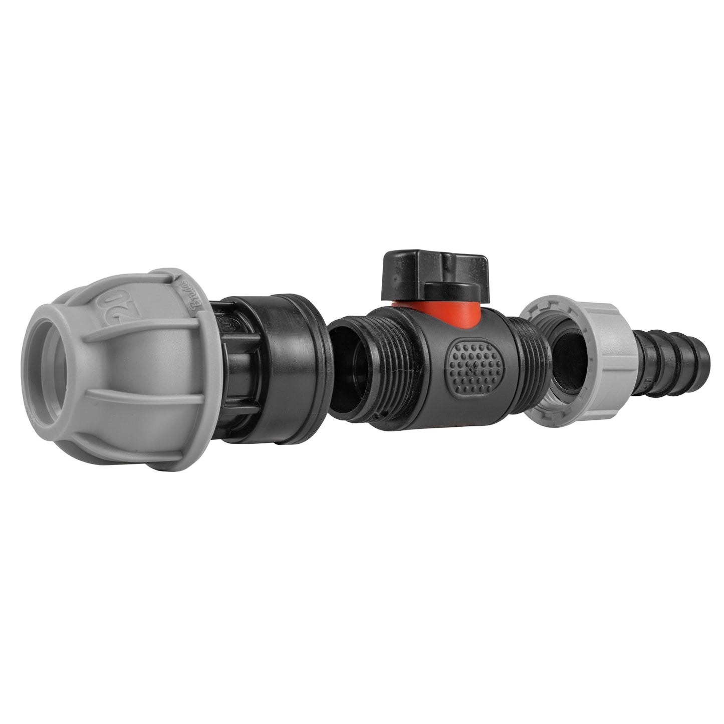 20mm MDPE Straight Connector with Integrated BSPM Valve and 20mm Barbed Fitting