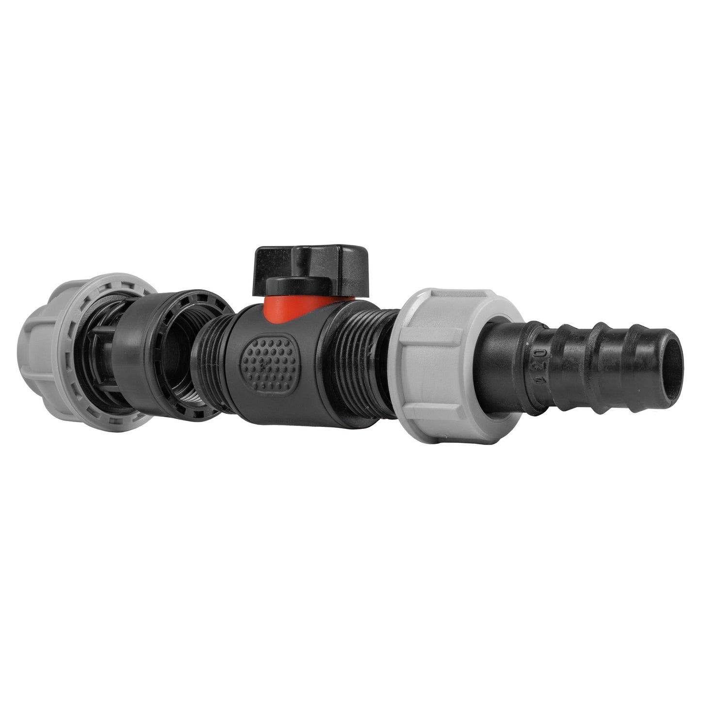 20mm MDPE Straight Connector with Integrated BSPM Valve and 20mm Barbed Fitting