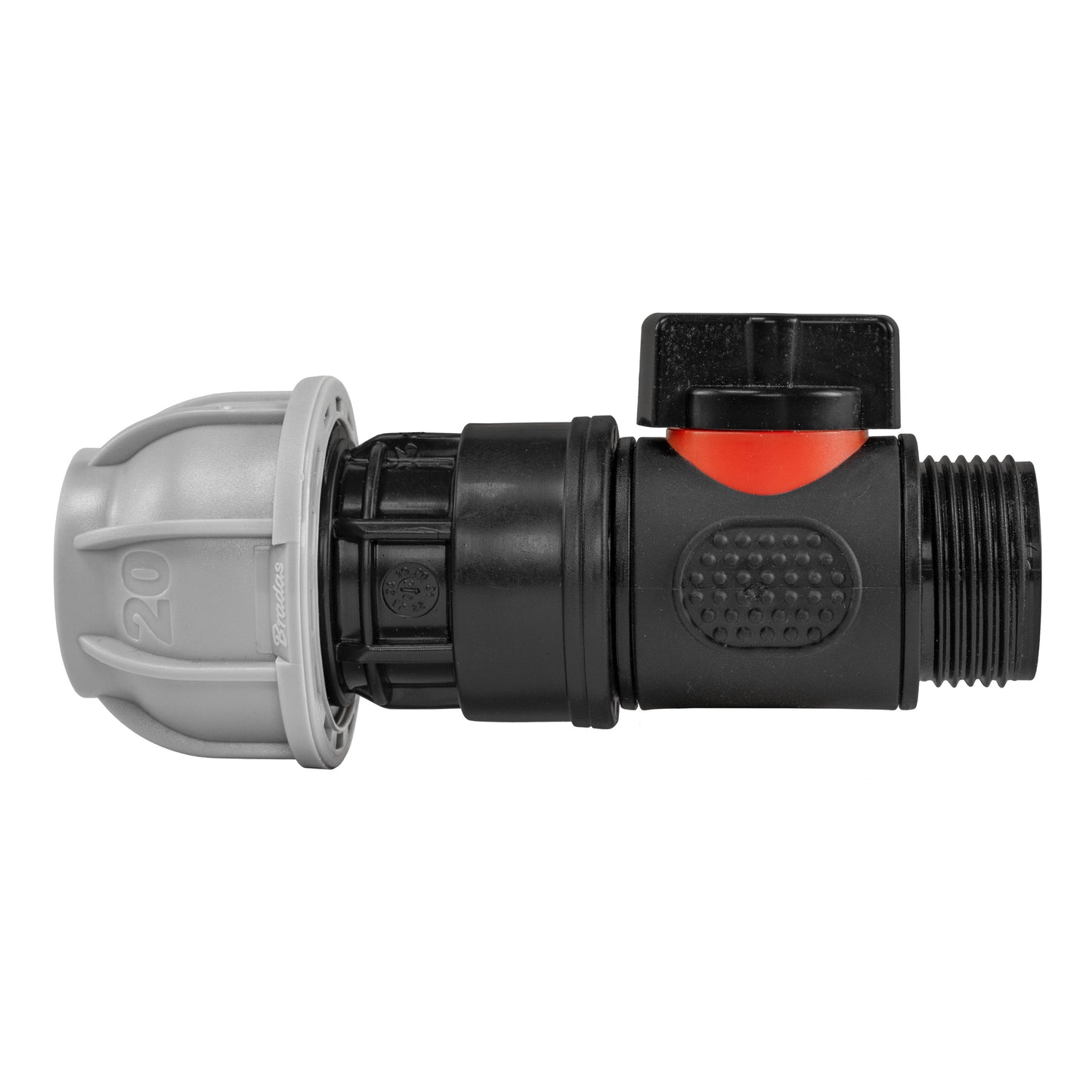 20mm MDPE Straight Connector with Integrated ¾” BSPM In-Line Valve