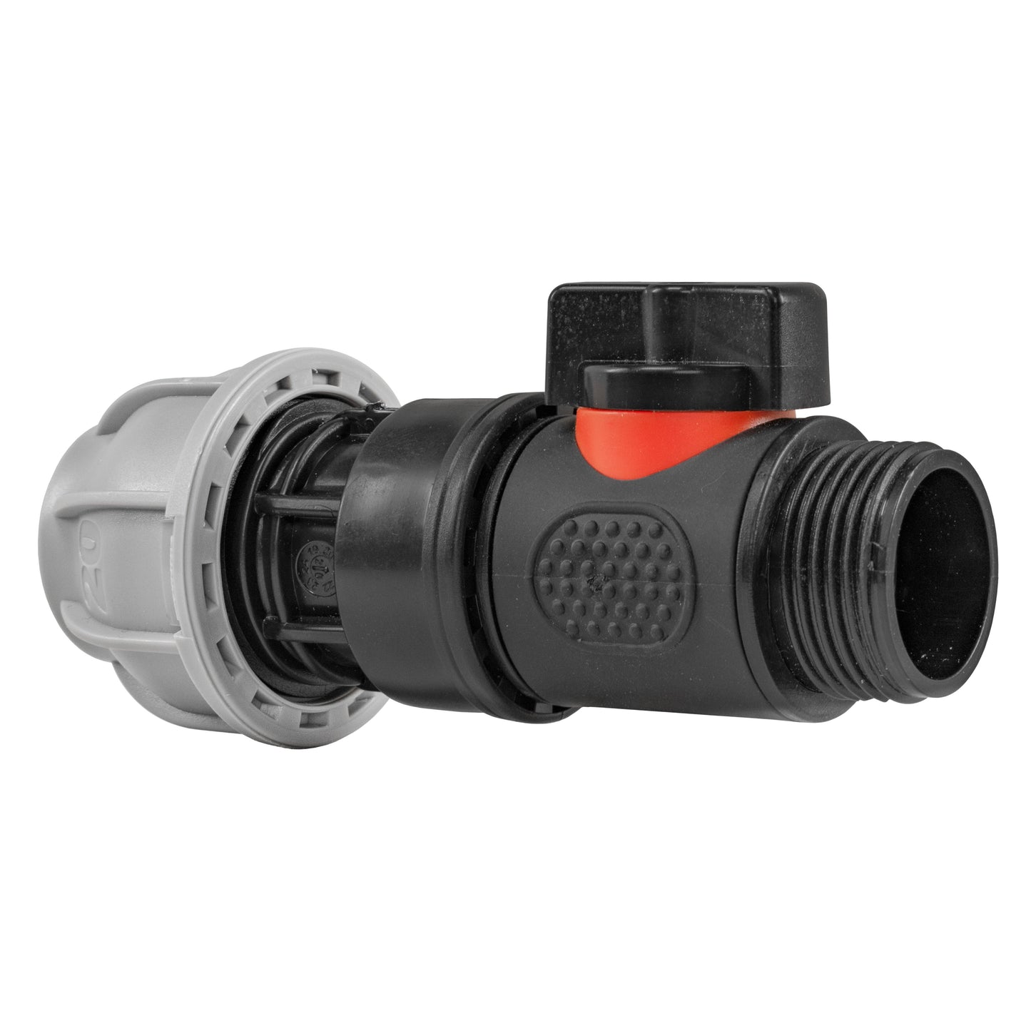 20mm MDPE Straight Connector with Integrated ¾” BSPM In-Line Valve