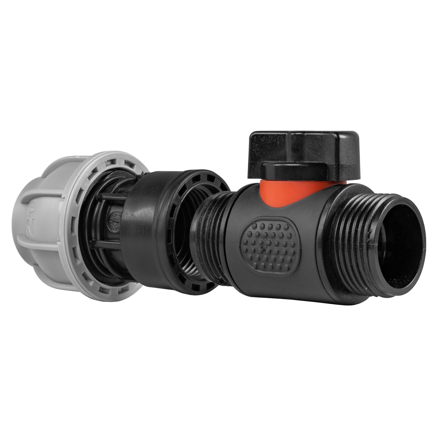 20mm MDPE Straight Connector with Integrated ¾” BSPM In-Line Valve