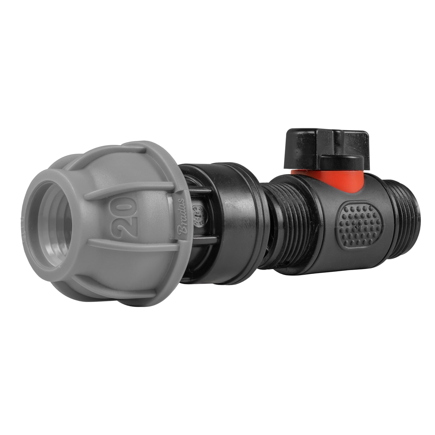 20mm MDPE Straight Connector with Integrated ¾” BSPM In-Line Valve