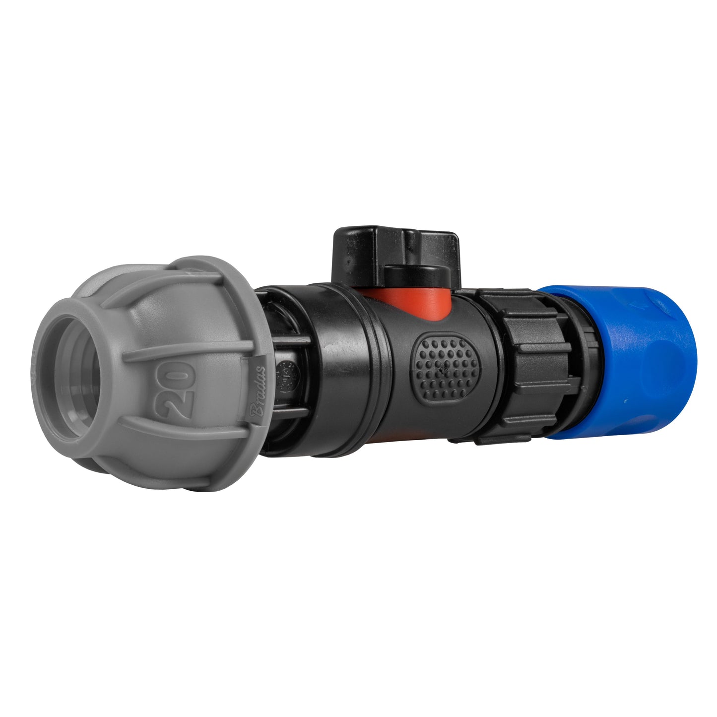 Blue Hose Connector with In-Line BSPM Valve and 20mm MDPE Straight Connector