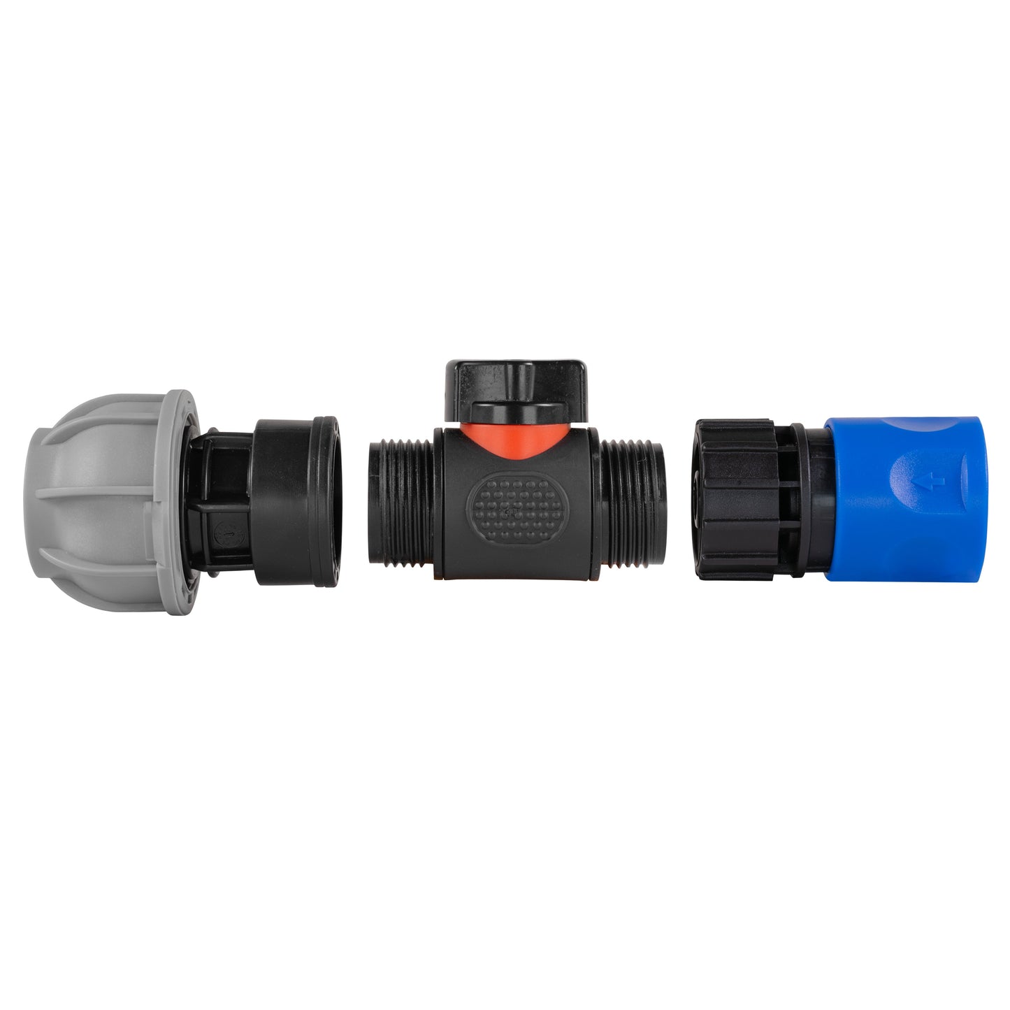 Blue Hose Connector with In-Line BSPM Valve and 20mm MDPE Straight Connector
