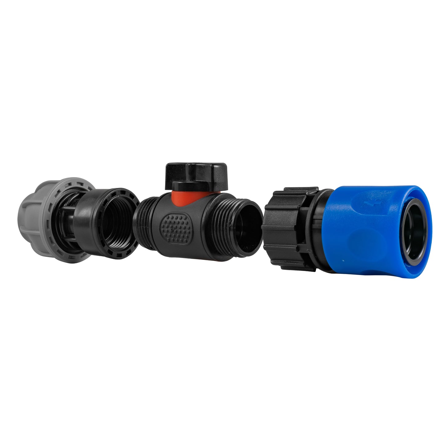 Blue Hose Connector with In-Line BSPM Valve and 20mm MDPE Straight Connector