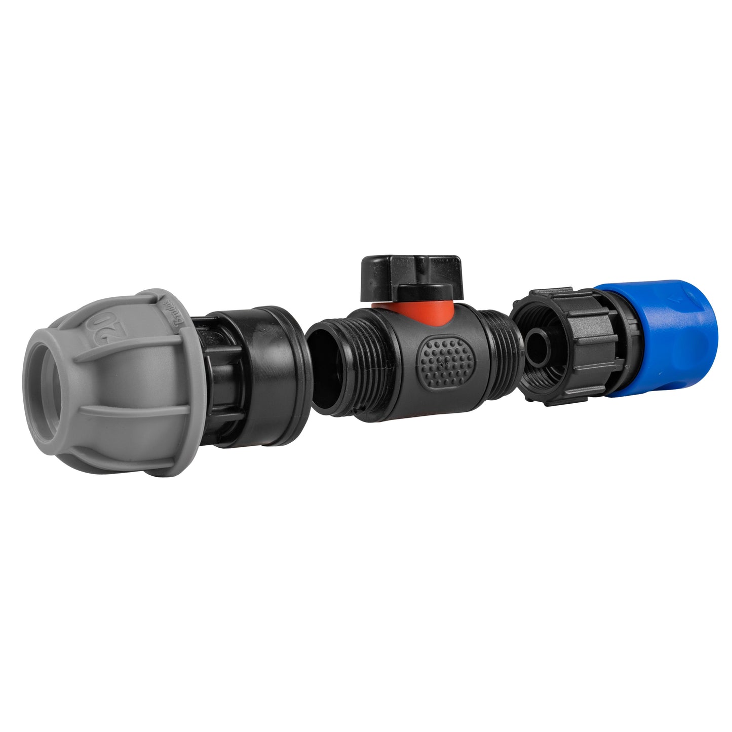 Blue Hose Connector with In-Line BSPM Valve and 20mm MDPE Straight Connector