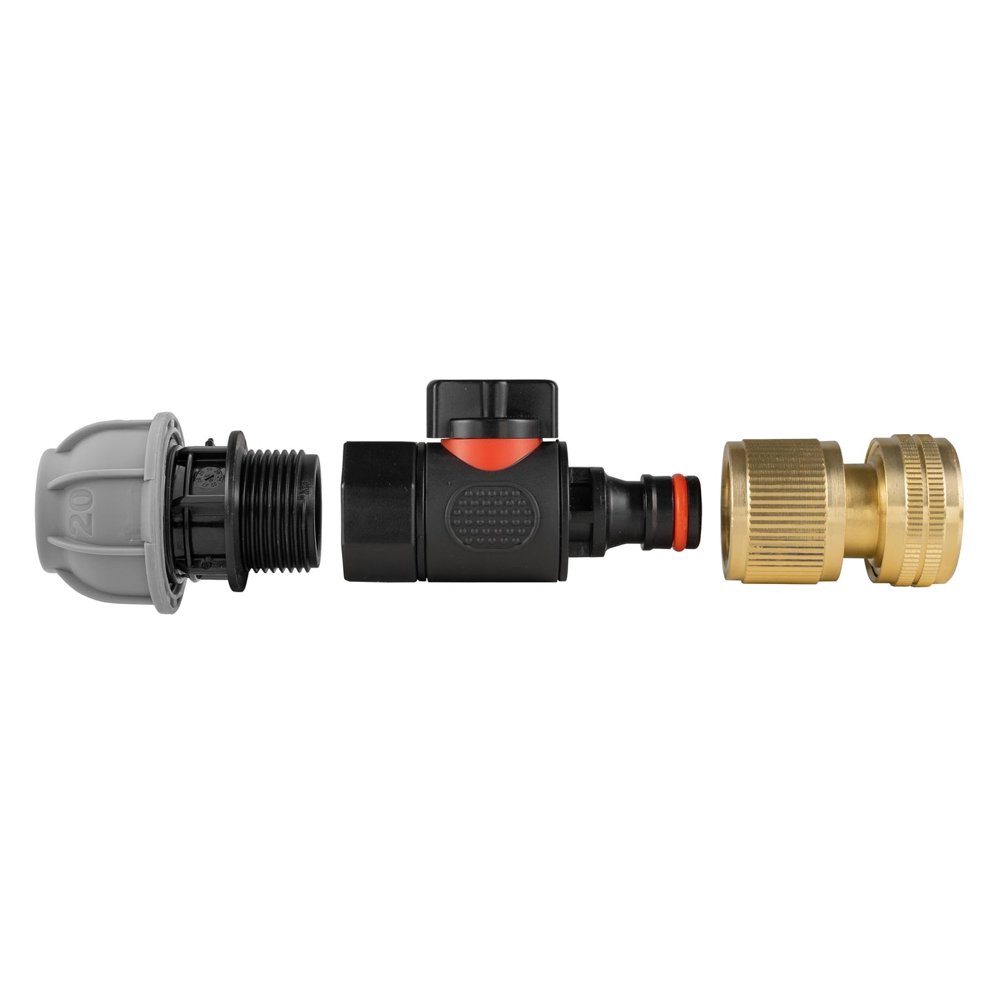 20mm MDPE Straight Connector with BSPF Quick-Connect Valve and Brass Hose Fitting