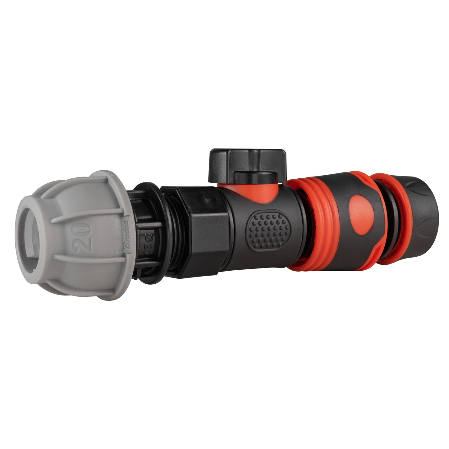 20mm MDPE Straight Connector with BSPF Quick-Connect Valve & Soft-Grip Black Hose Fitting