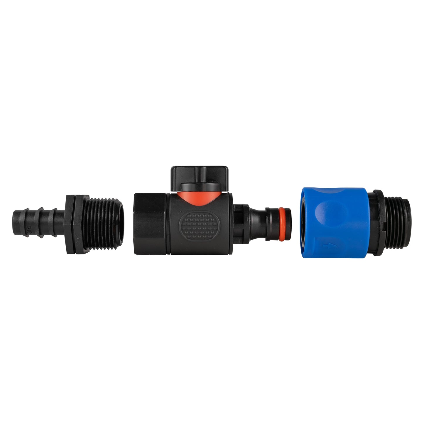 16mm Barbed Connector with BSPF Thread, Quick Connect Valve & 3/4" BSPM Hose Adapter