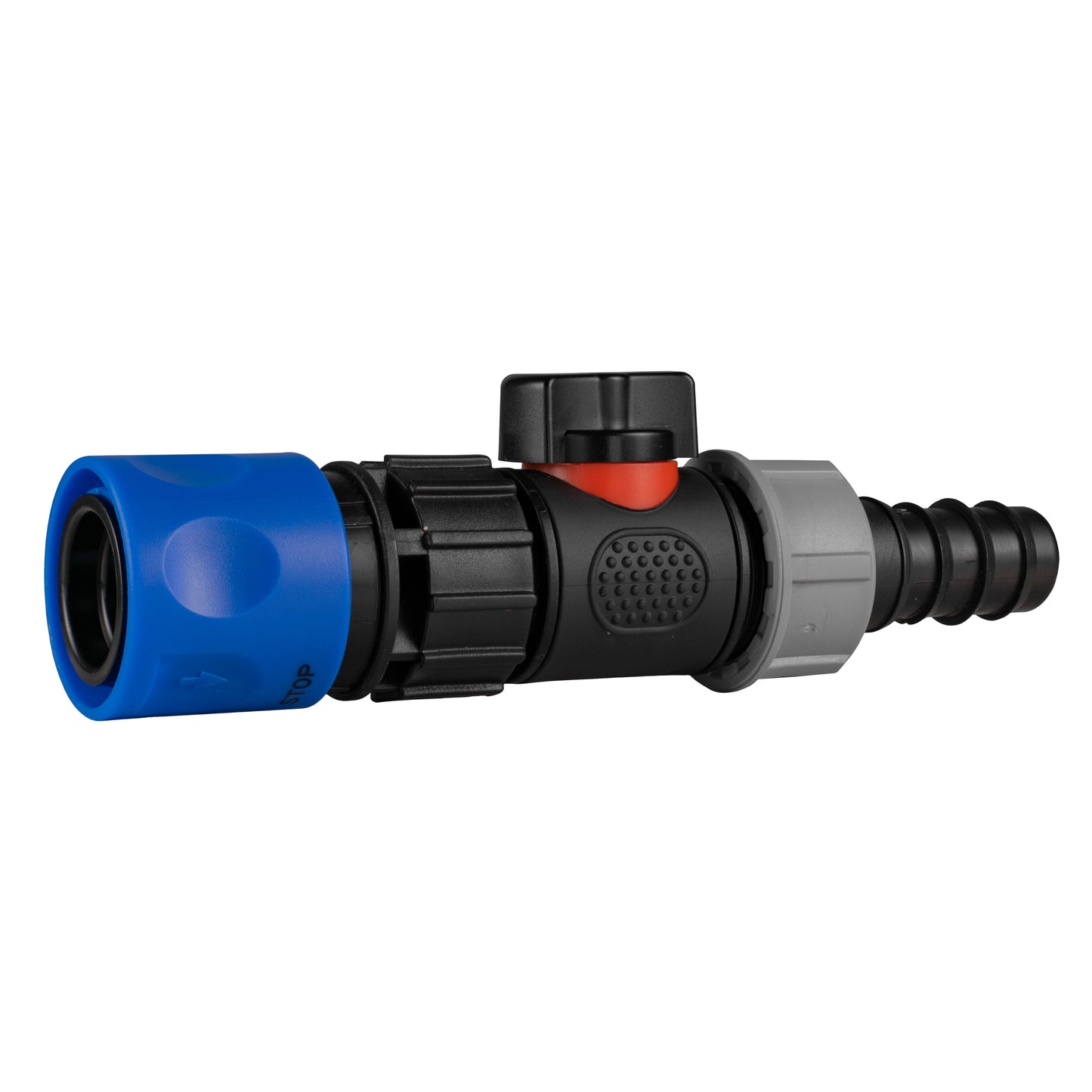 Blue Hose Connector with In-Line BSPM Valve and 20mm Barbed Straight