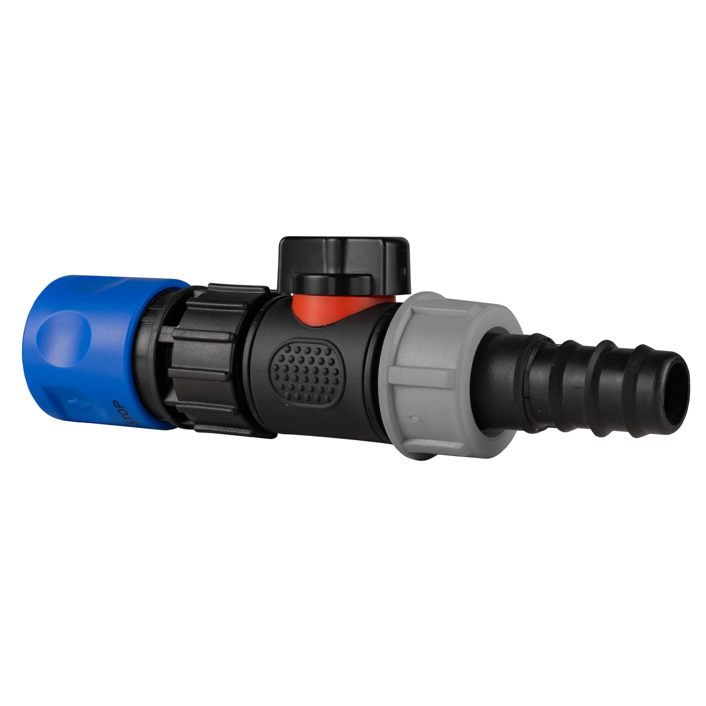 Blue Hose Connector with In-Line BSPM Valve and 20mm Barbed Straight