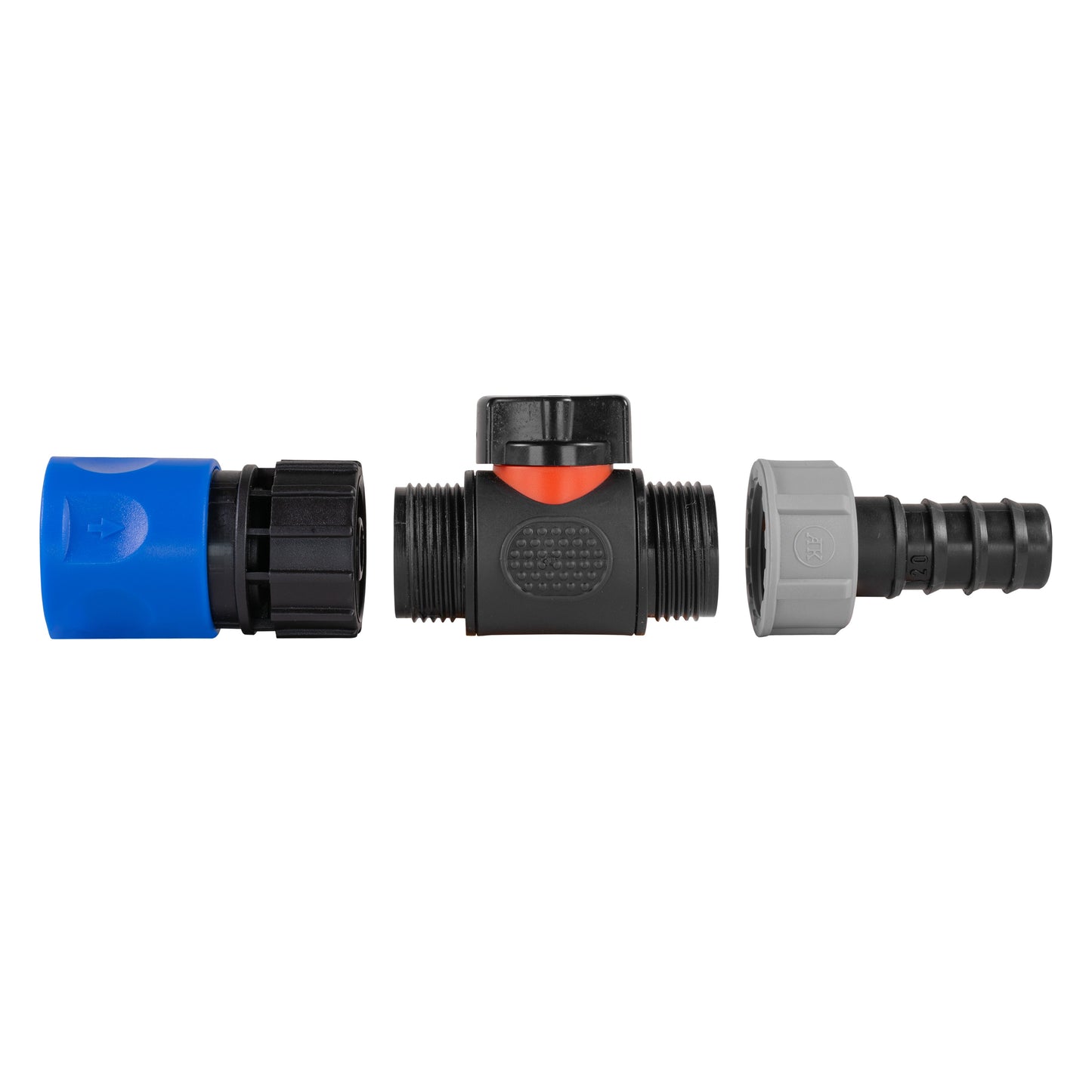 Blue Hose Connector with In-Line BSPM Valve and 20mm Barbed Straight