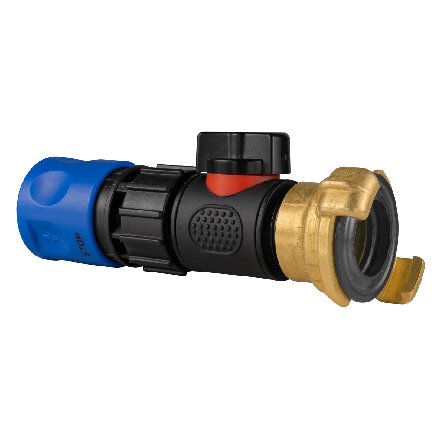 Blue Hose Connector with In-Line BSPM Valve and Geka-Type Connector