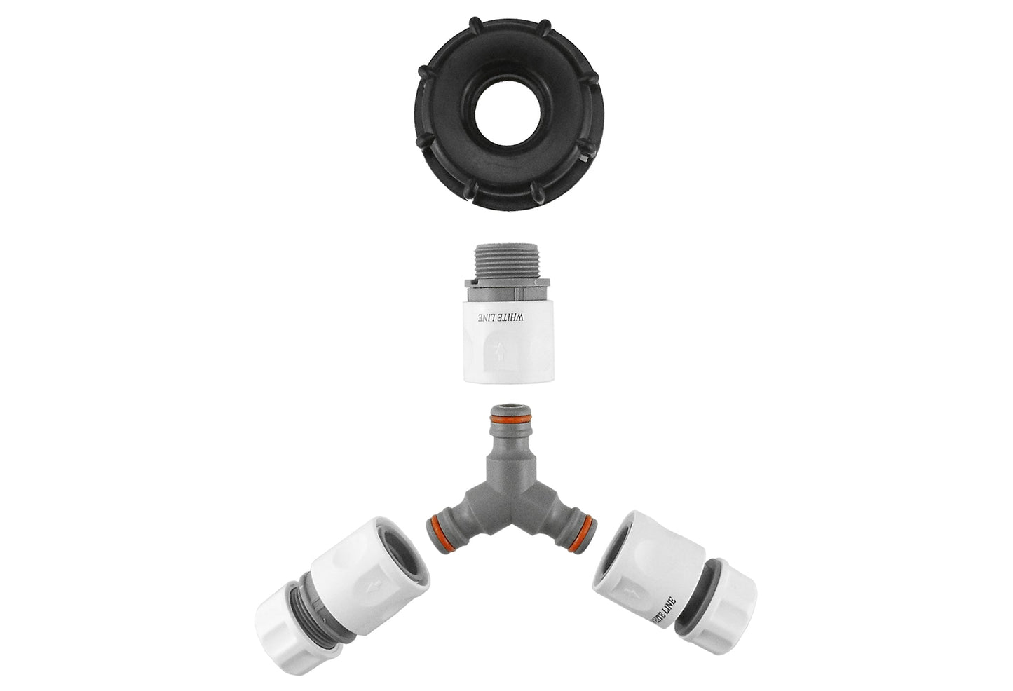 IBC 2” S60X6 Cap with ¾” BSP Threaded Connector, 3-Way Splitter and Hose Fittings