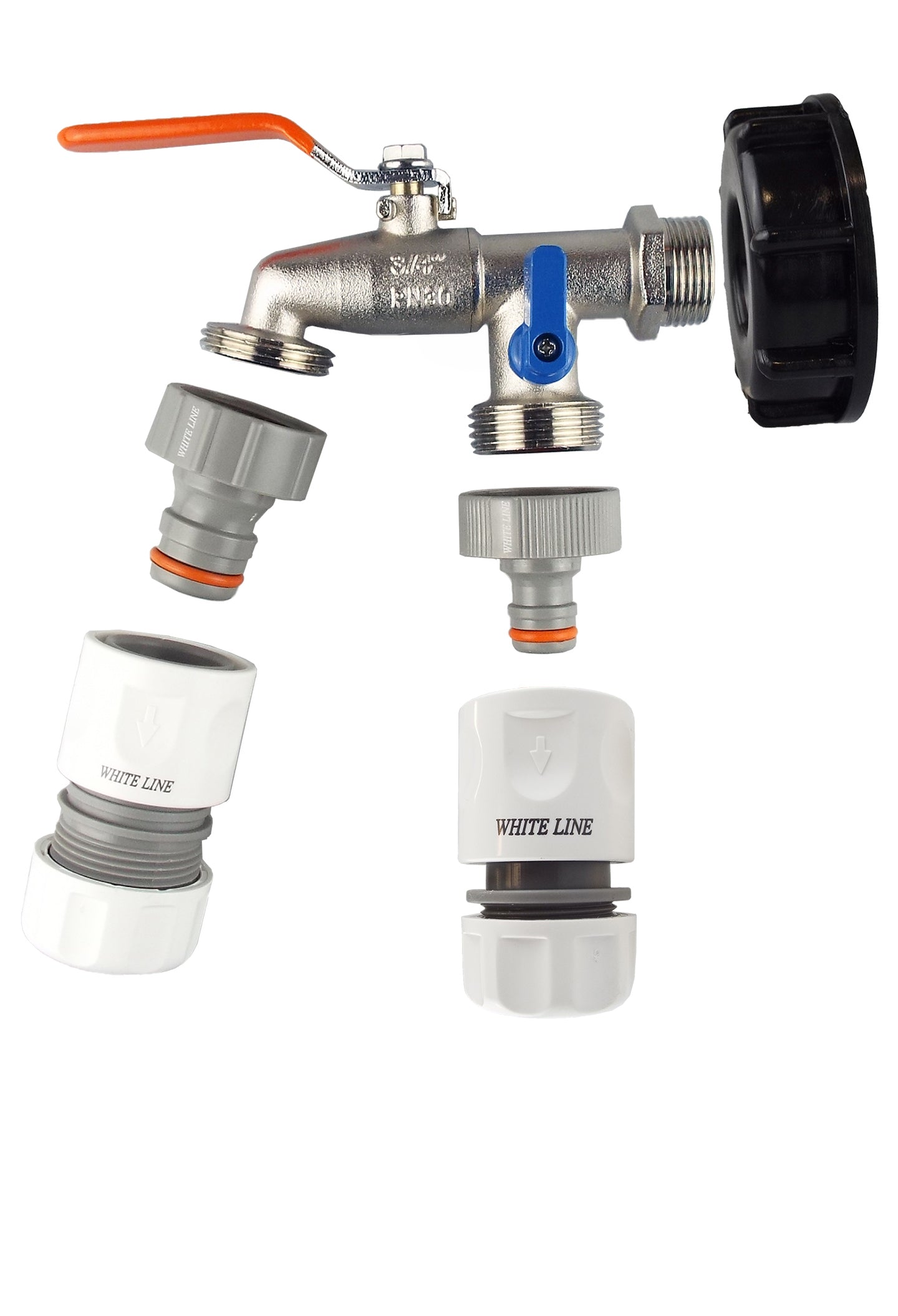 IBC 2” S60X6 End Cap with Twin Lever Tap, Max Flo Connector & Standard Hose Outlet