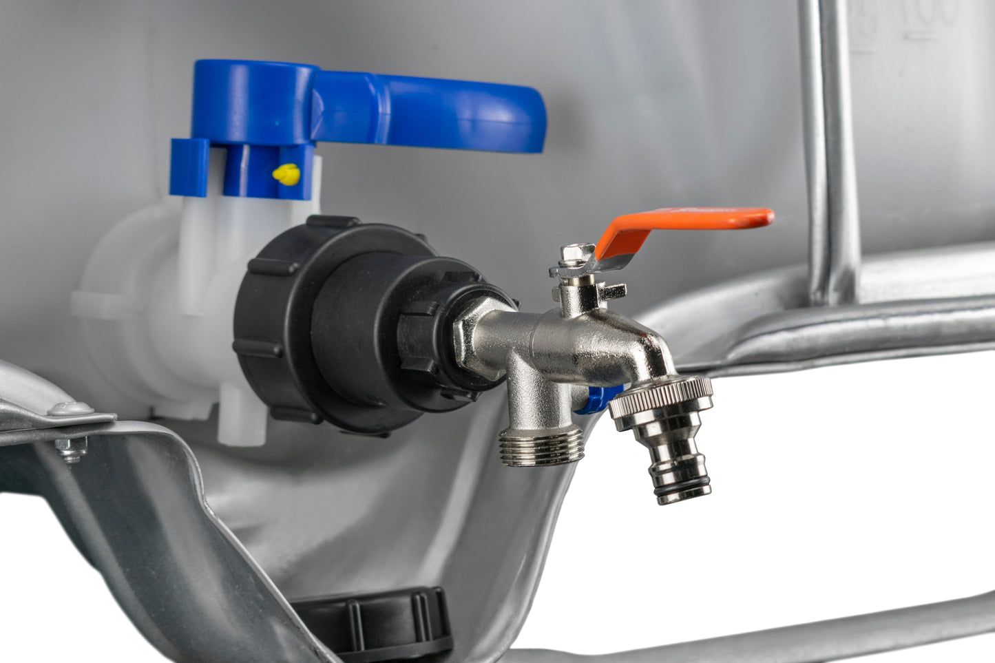IBC 2” S60X6 – 1/2" BSPF Extended Connector with 1/2" BSP Twin Outlet Lever Tap