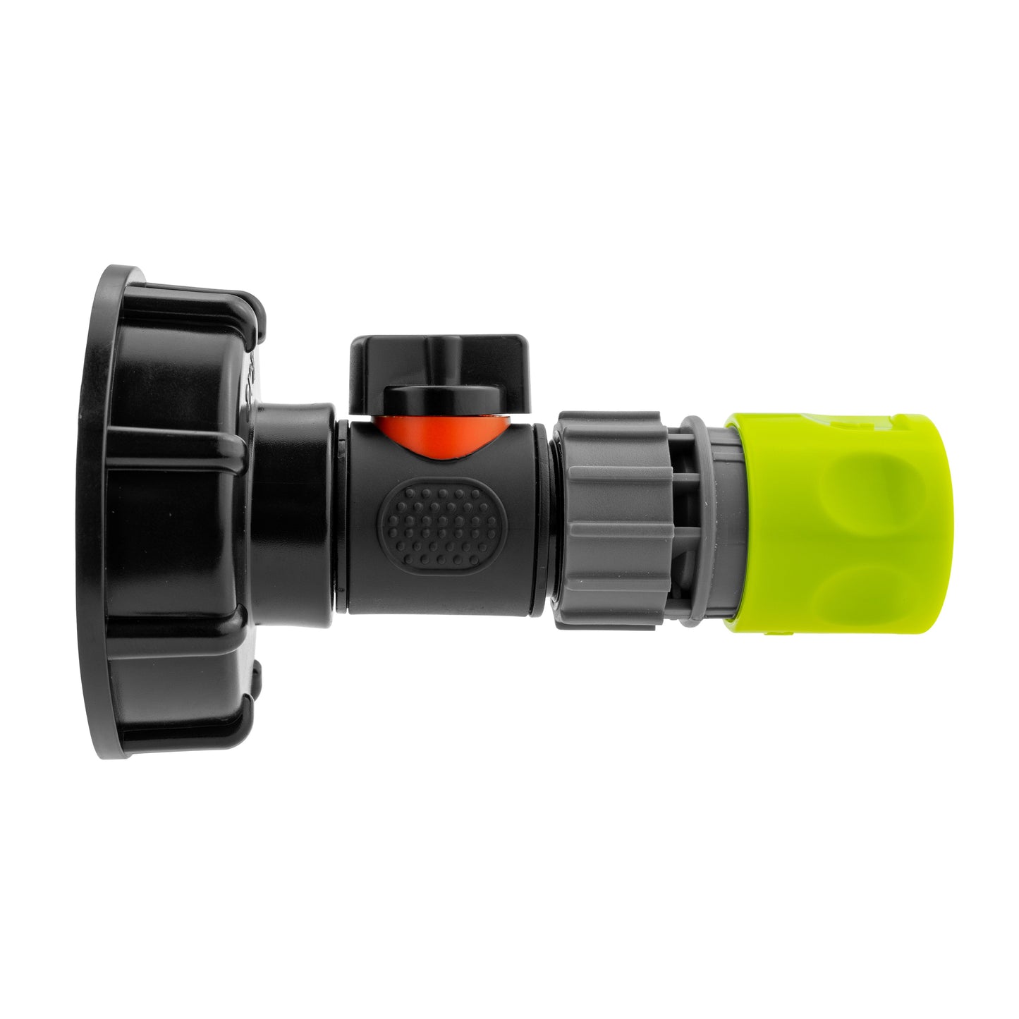 IBC 2” S60X6 Cap with Integrated BSPM Valve and ¾” BSPF Quick-Connect Hose Connector – Lime