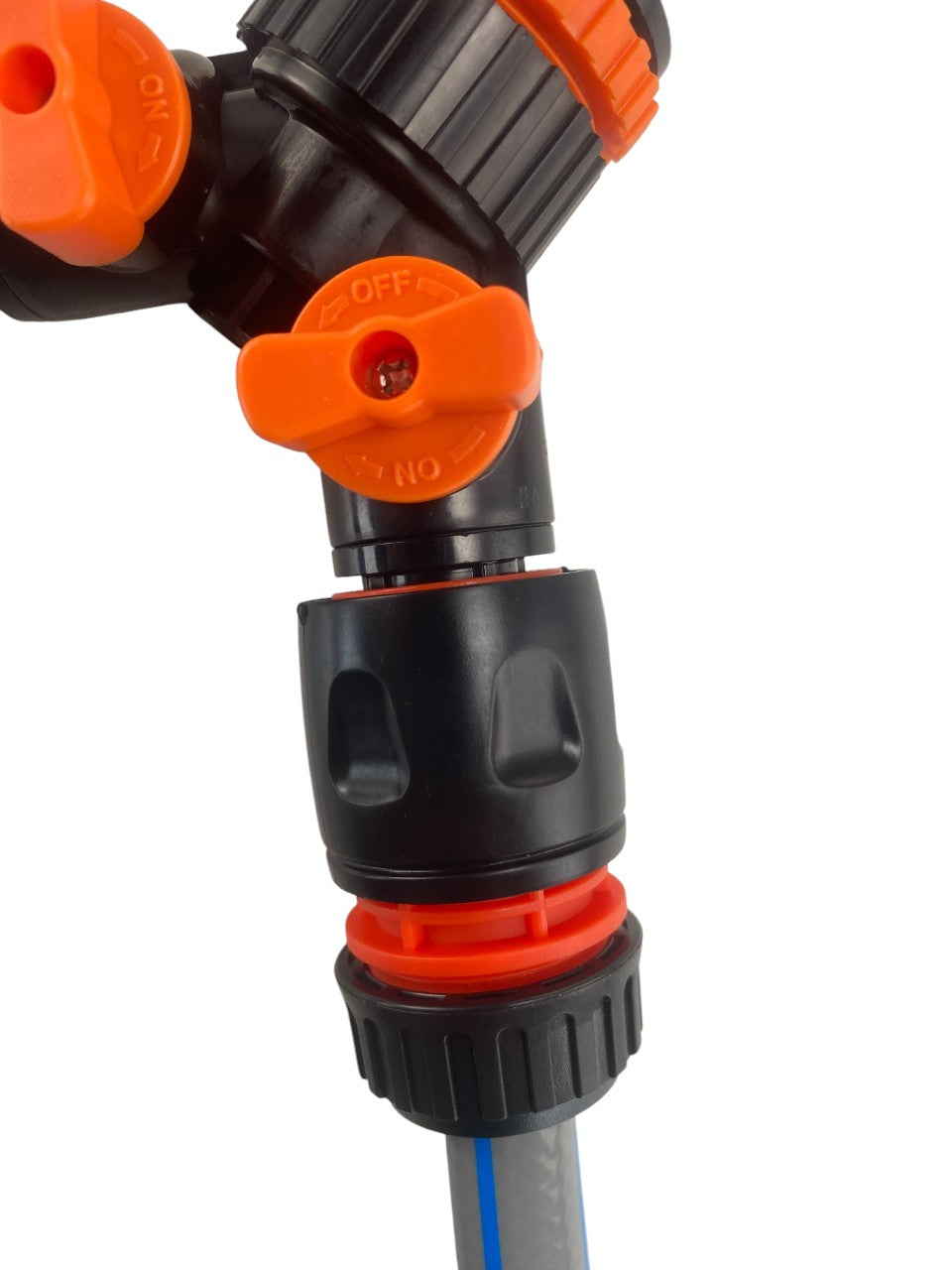 Triple Hose Connector with Shut-Off Valve – Black & Orange