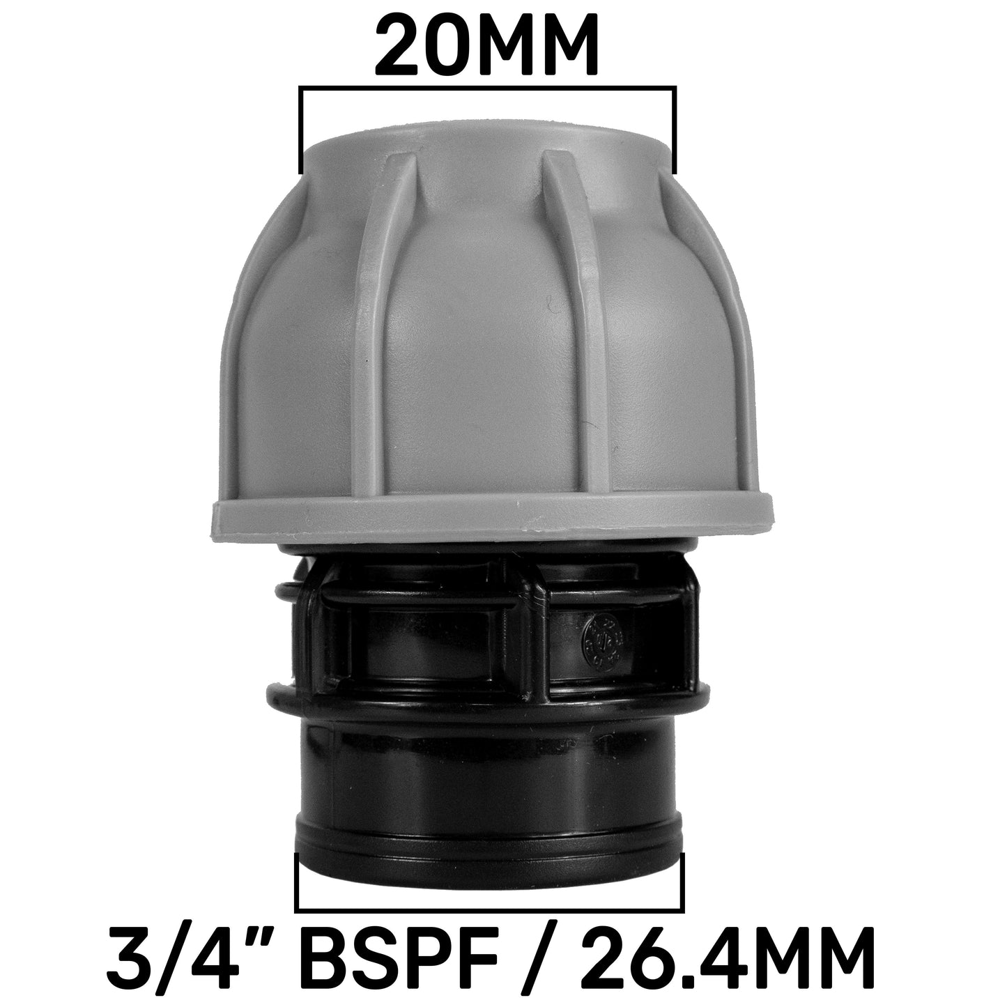 IBC 2” S60X6 Cap with Integrated BSP Male Valve and 20mm MDPE Straight Connector