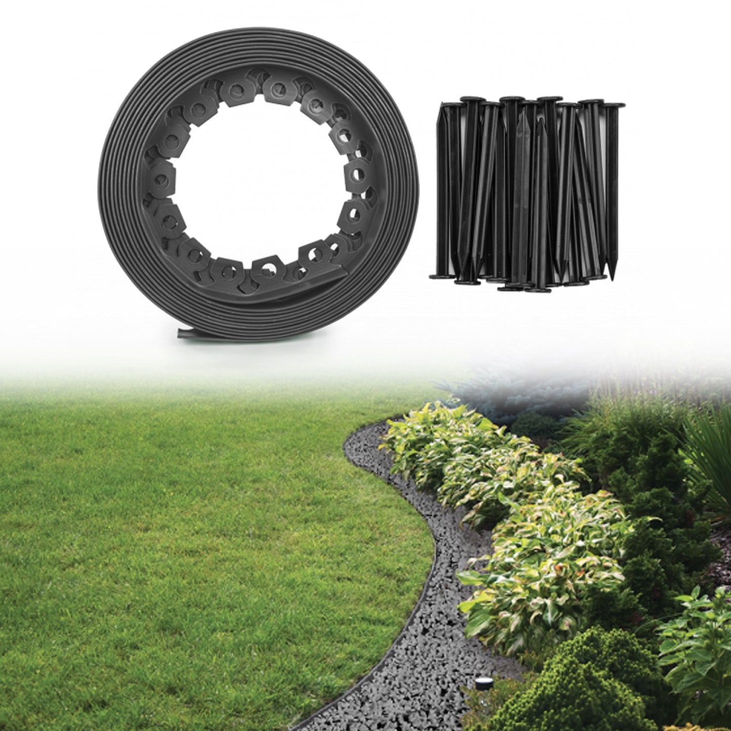 Easy-to-Install Lawn Border Kit, 40mm Grey, 10m Long with Fixing Pegs