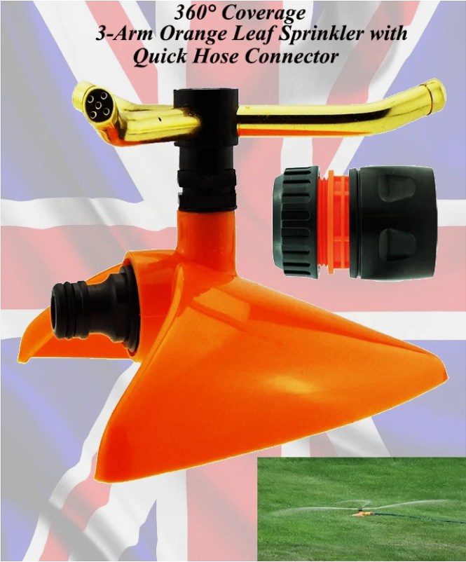 360°Coverage–3-Arm Orange Leaf Sprinkler w/ Quick Hose Connector for Easy Set up