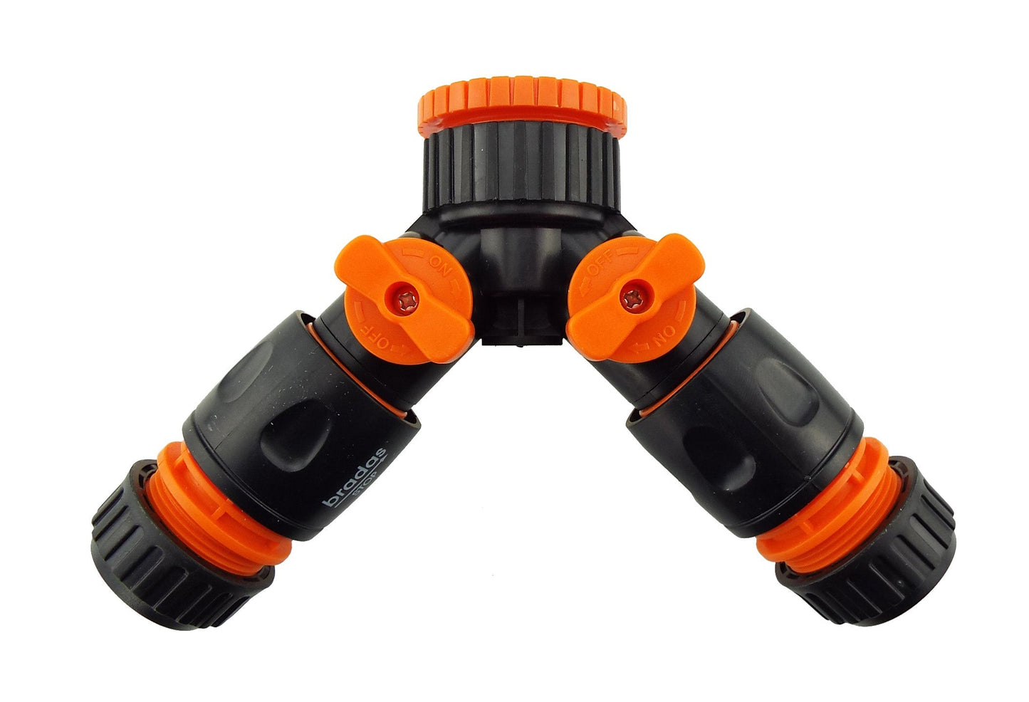 Triple Hose Connector with Shut-Off Valve – Black & Orange