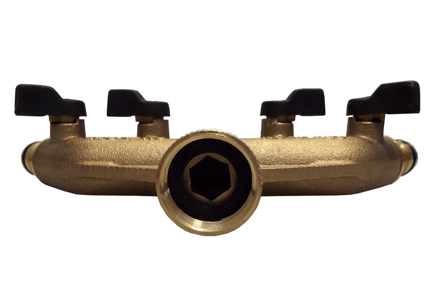 4-Way Brass Manifold with Valves and Threaded Outlets