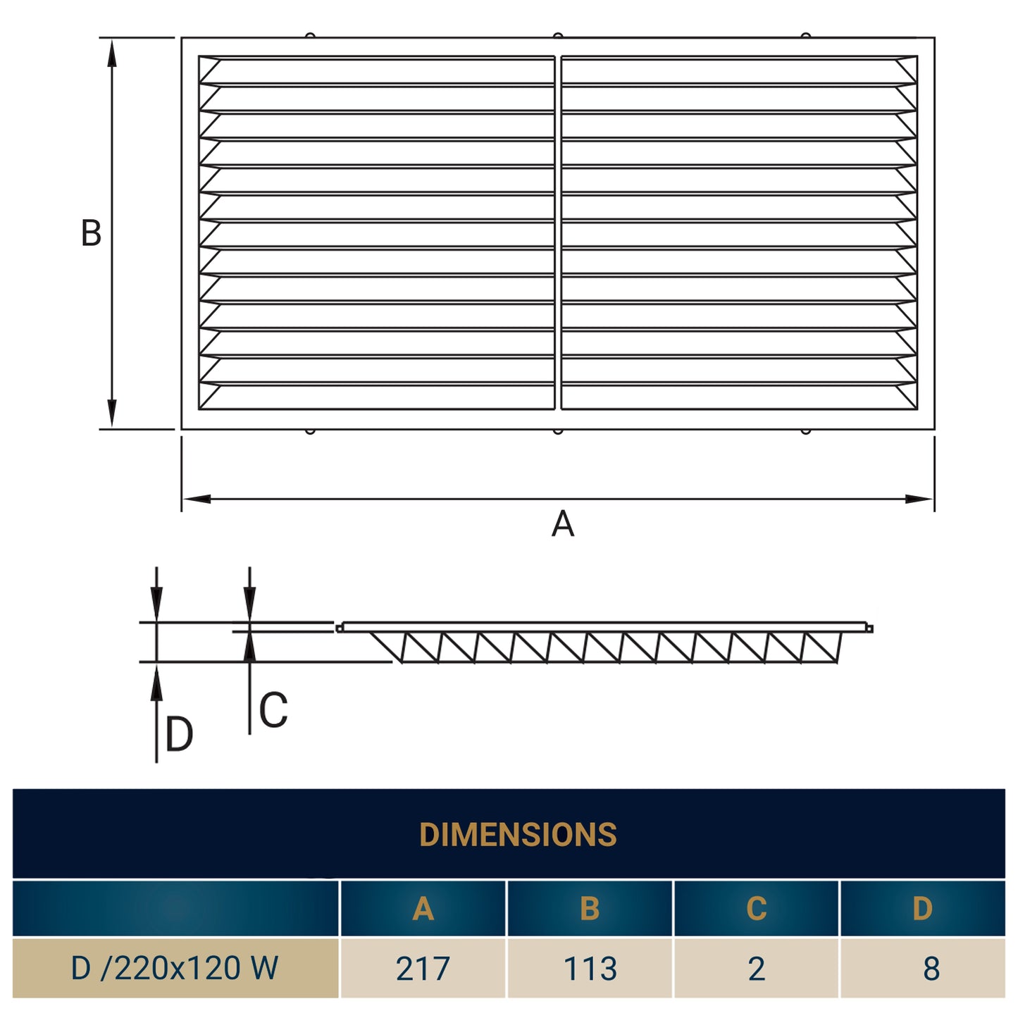 220mm x 120mm Classic Louvre Vent D/220X120W with Insect Screen