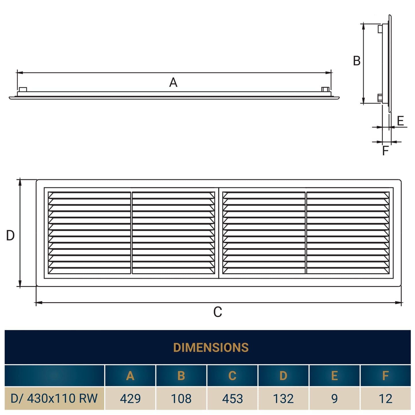 430mm x 110mm Classic Louvre Vent D/430X110RW with Insect Screen