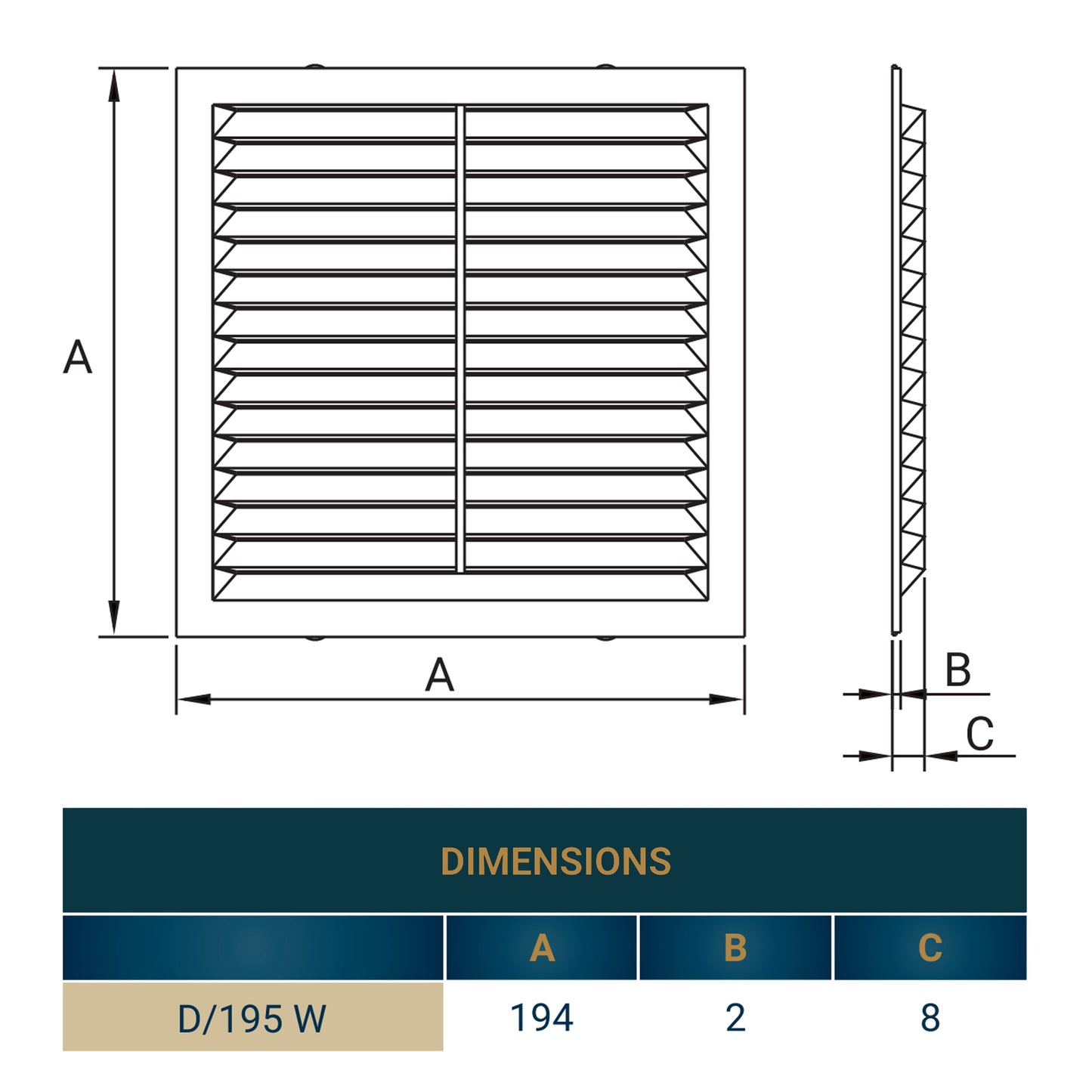 195mm x 195mm Louvre Vent D/195W with Insect Screen