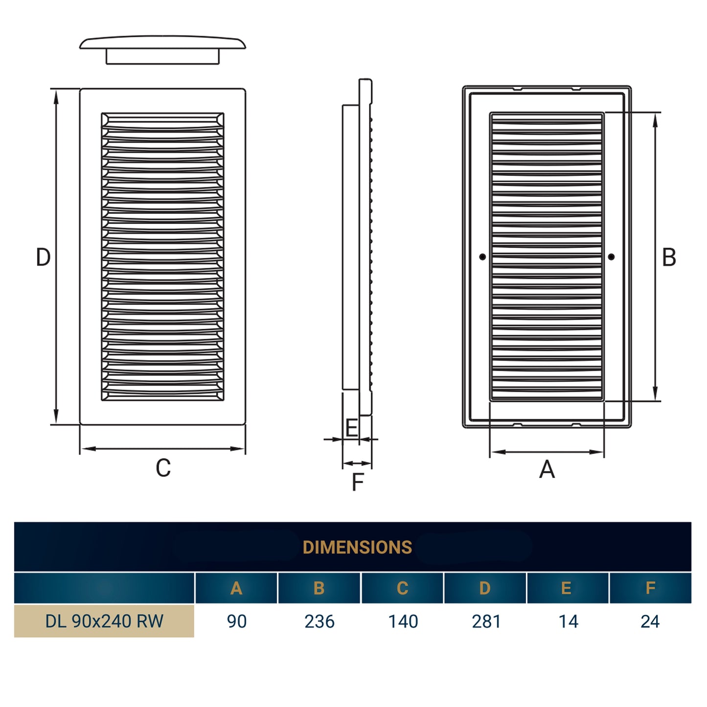 White Louvre Vent DL/90X240RW LUX with Insect Mesh