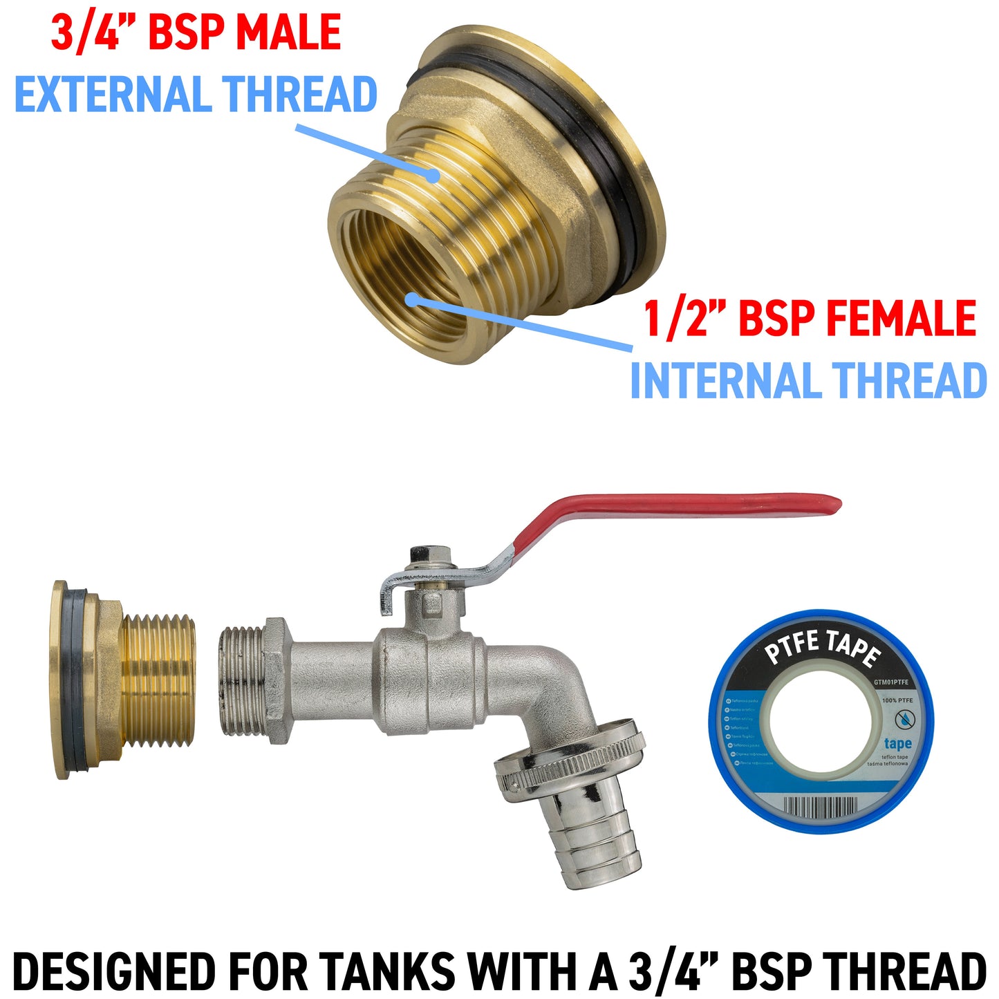 3/4" Brass Water Butt Set with Barbed Hose Tap and Drill Bit