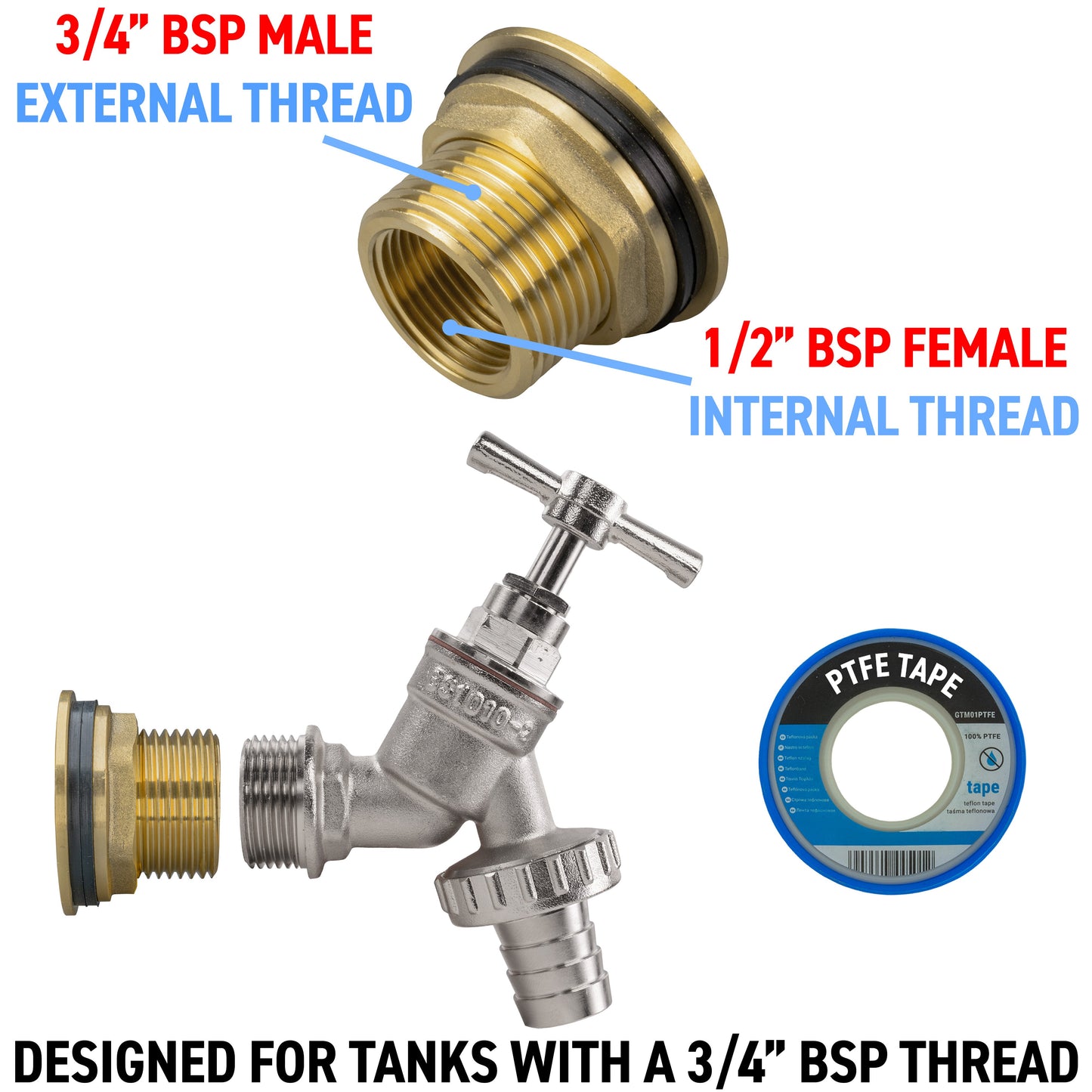 3/4" Brass Water Butt Set with Nickel-Plated Barbed Hose Tap & Drill Bit