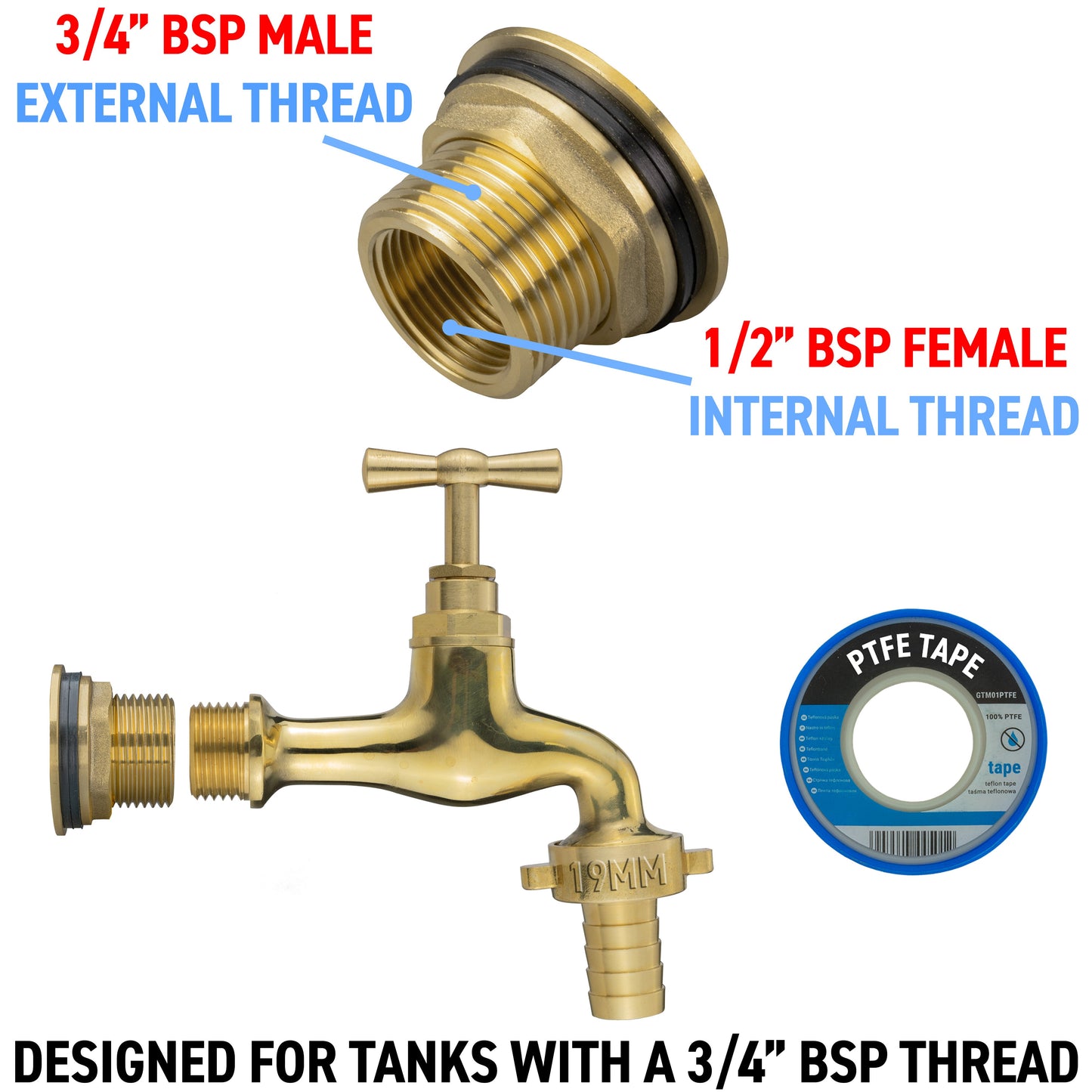 3/4’’ Brass Water Butt Set with 19mm Hose Tail Polished Brass Tap & Drill Bit