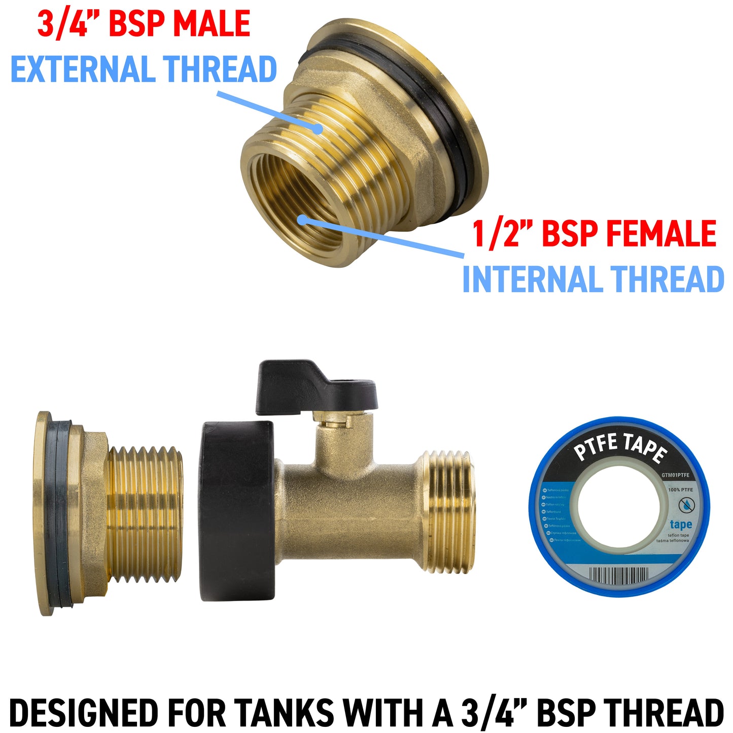 3/4" Water Butt Brass Fitting Set with Brass Valve & Drill Bit