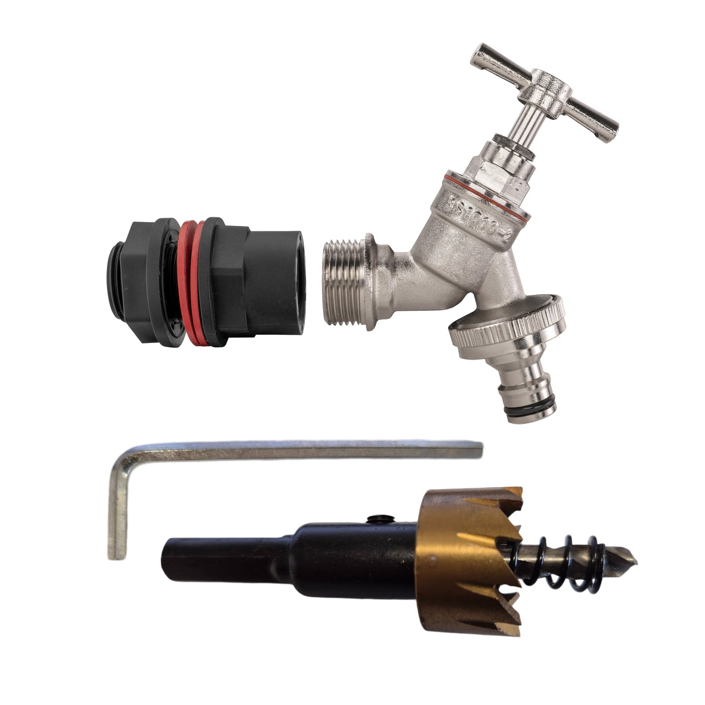 ½" Water Butt Set with Nickel-Plated Tap & Quick-Connect Outlet + Drill Bit