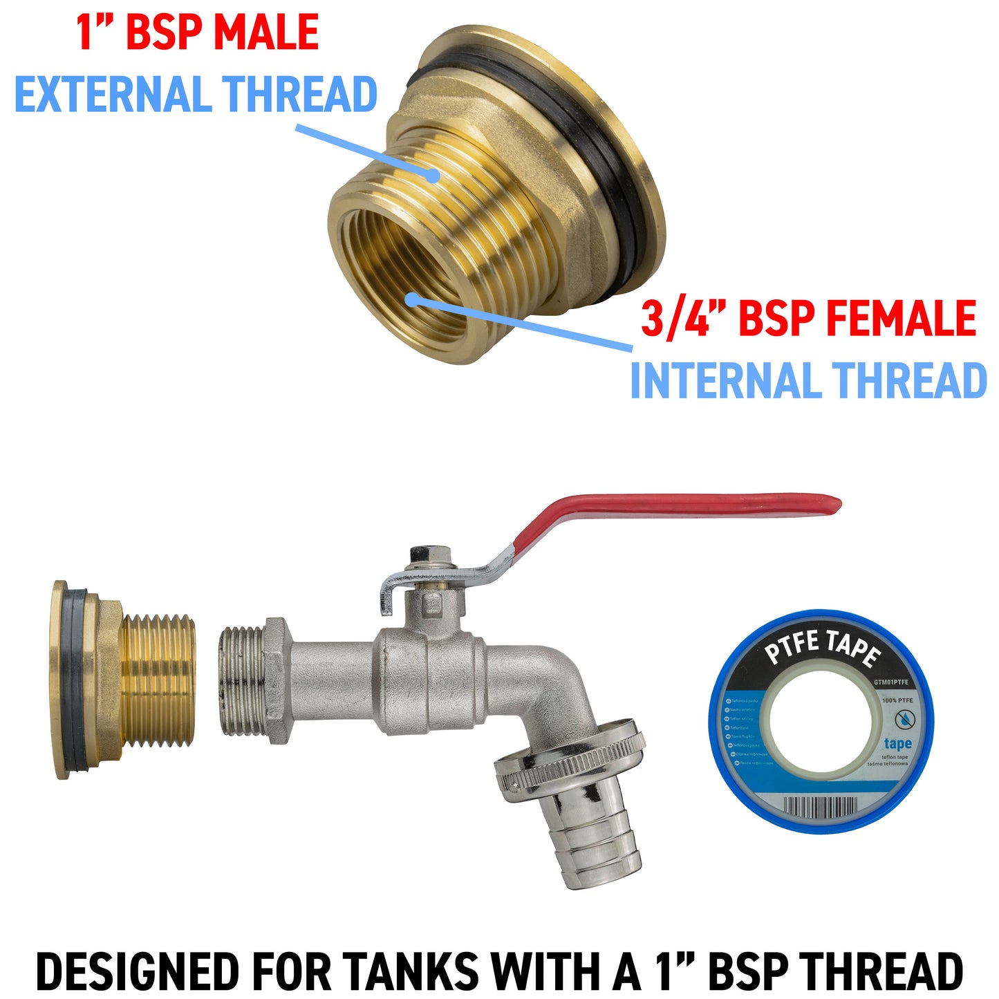 1” Water Butt Brass Set Including Barbed Lever Tap