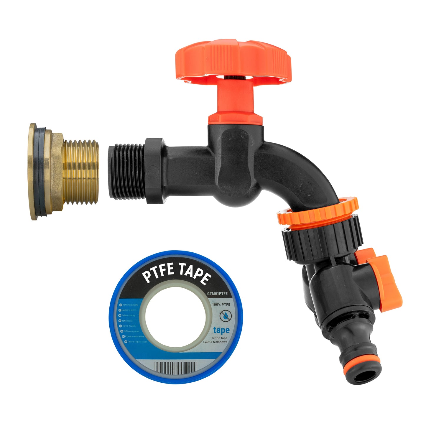 1’’ Water Butt Brass Set with Black Dial Tap, Dual Outlet Splitter & Drill Bit
