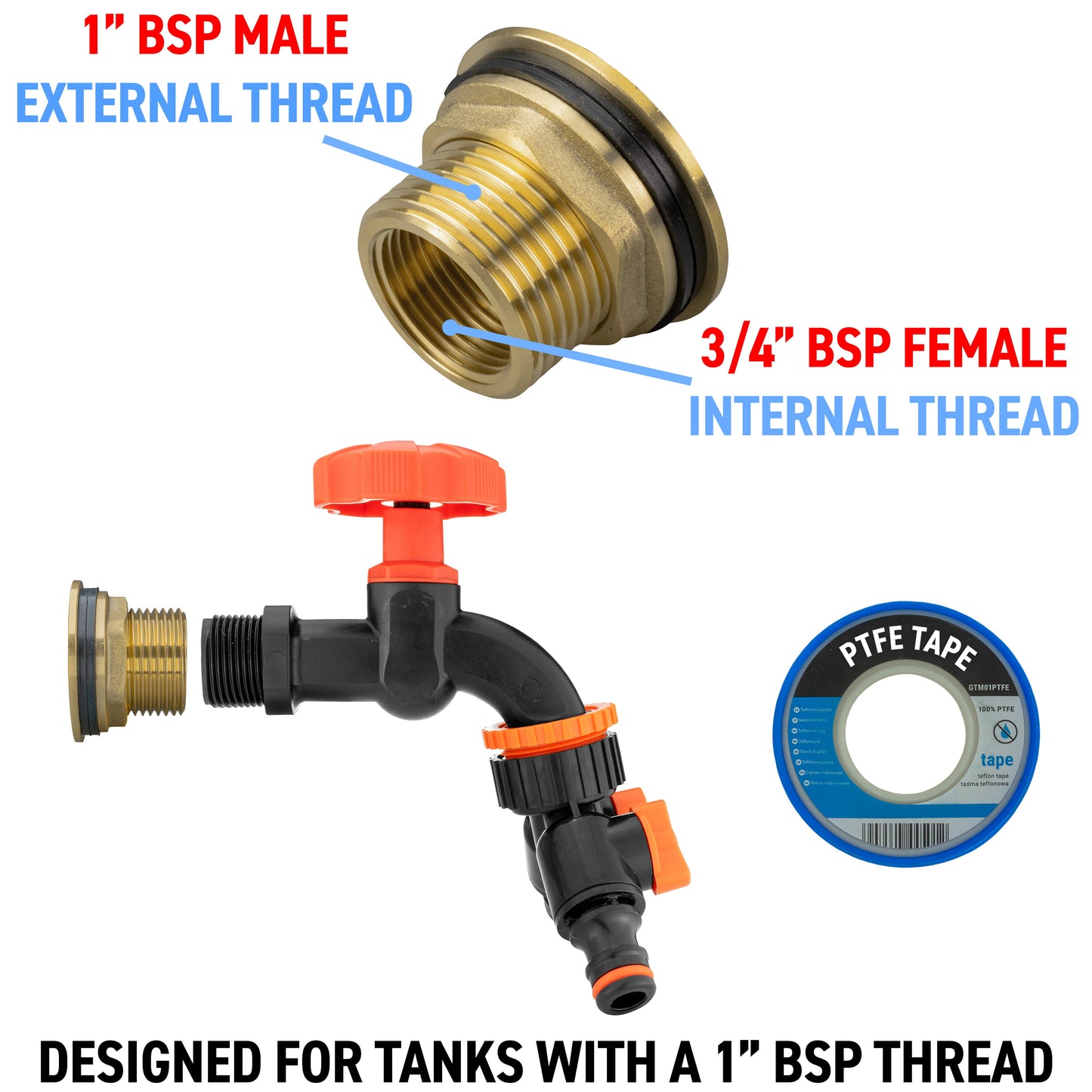 1’’ Water Butt Brass Set with Black Dial Tap, Dual Outlet Splitter & Drill Bit