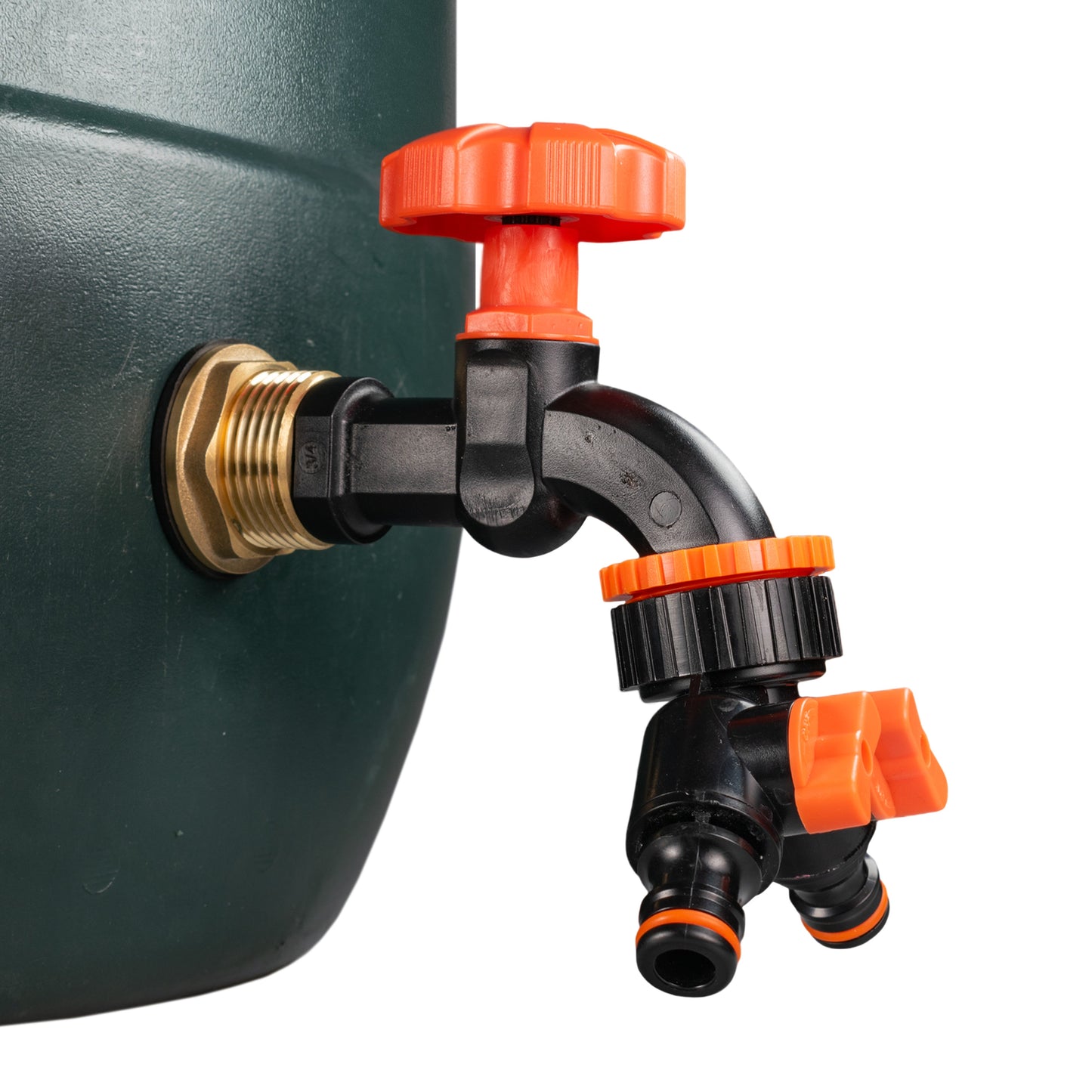 1’’ Water Butt Brass Set with Black Dial Tap, Dual Outlet Splitter & Drill Bit