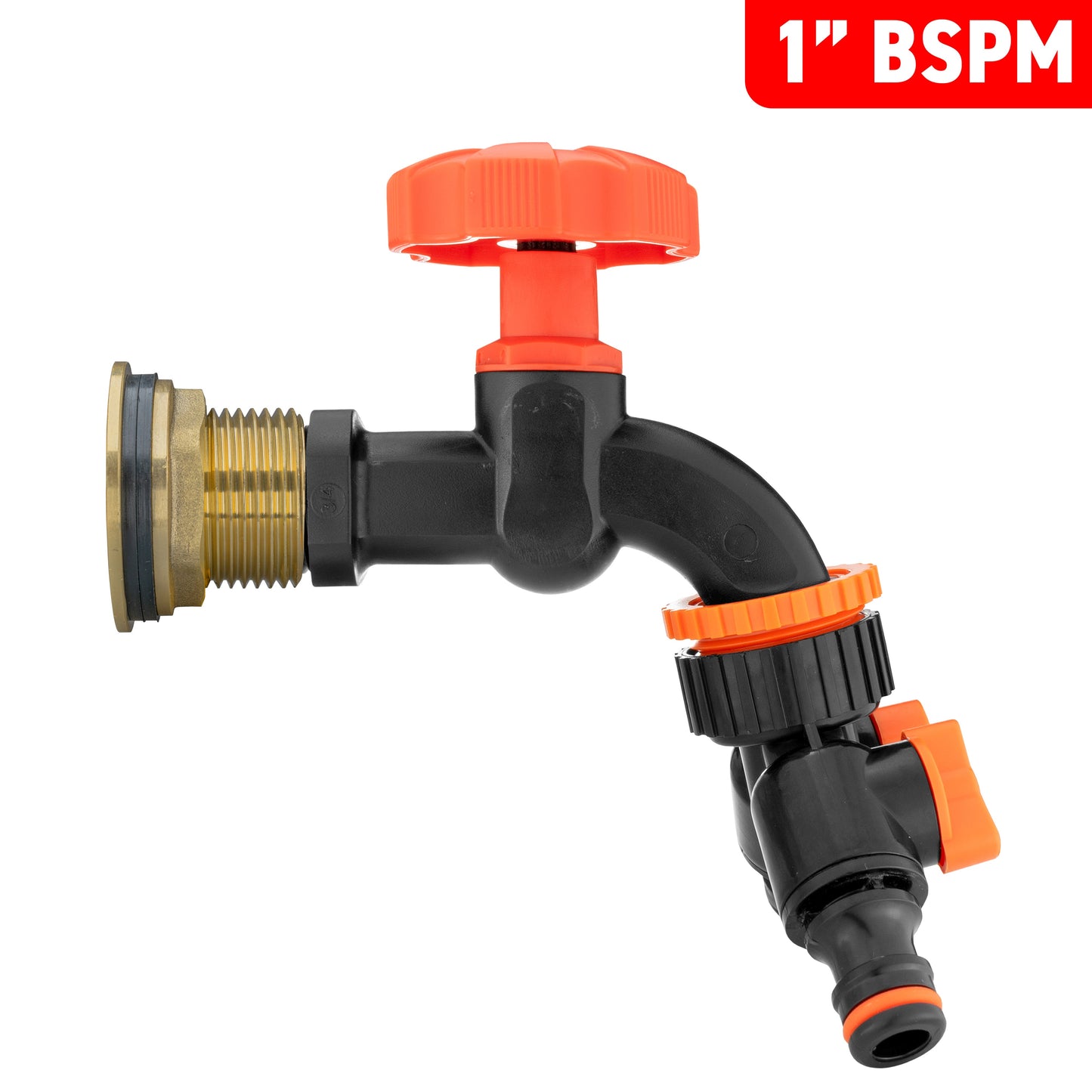 1’’ Water Butt Brass Set with Black Dial Tap, Dual Outlet Splitter & Drill Bit