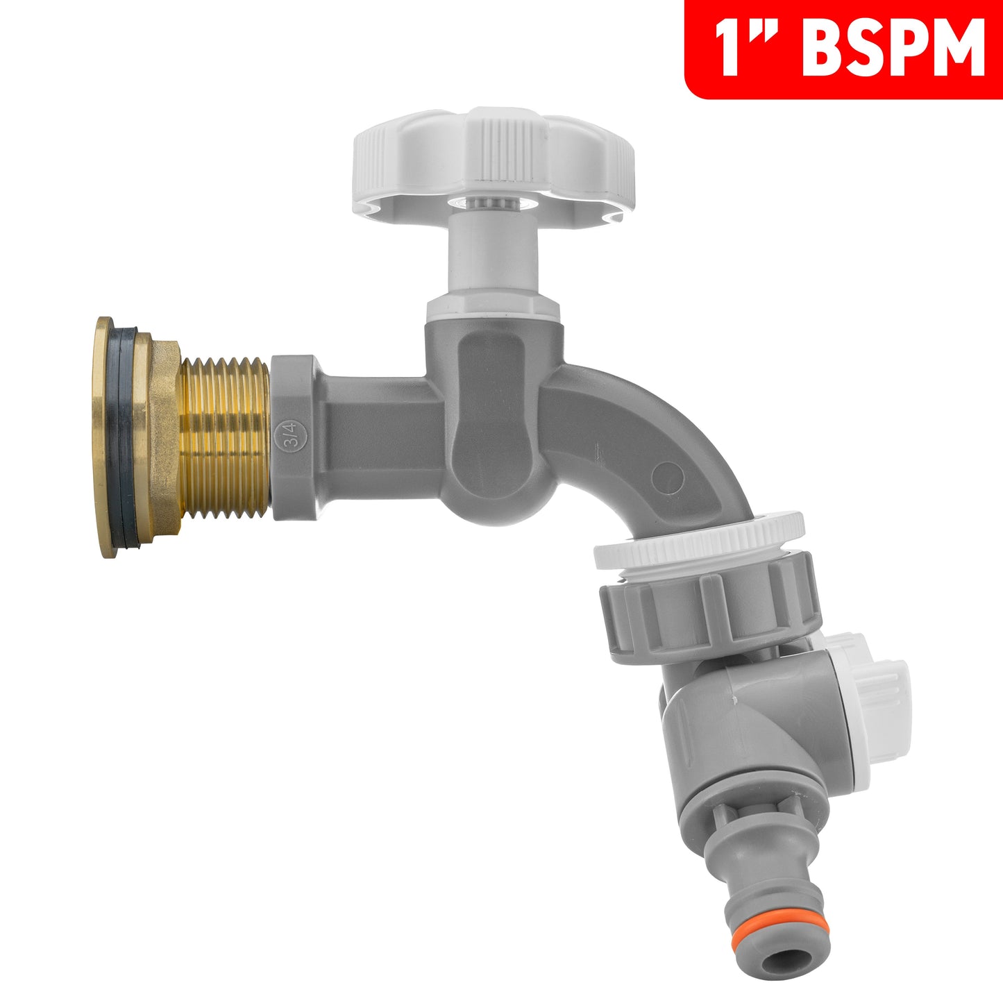 1’’ Water Butt Brass Set with Grey Dial Tap, Dual Outlet Splitter & Drill Bit