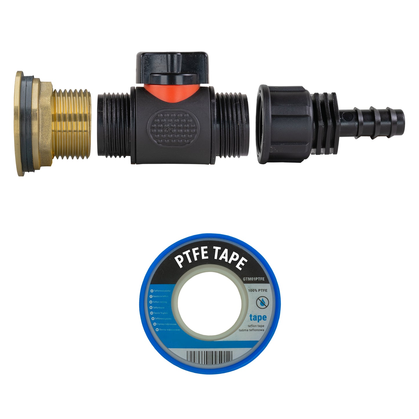 1" Brass Water Butt Set with In-Line Valve, 16mm Hose Barb & Drill Bit