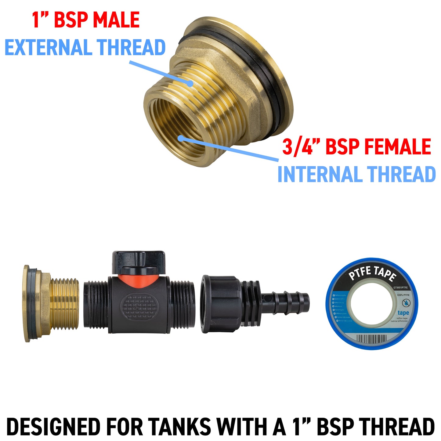 1" Brass Water Butt Set with In-Line Valve, 16mm Hose Barb & Drill Bit